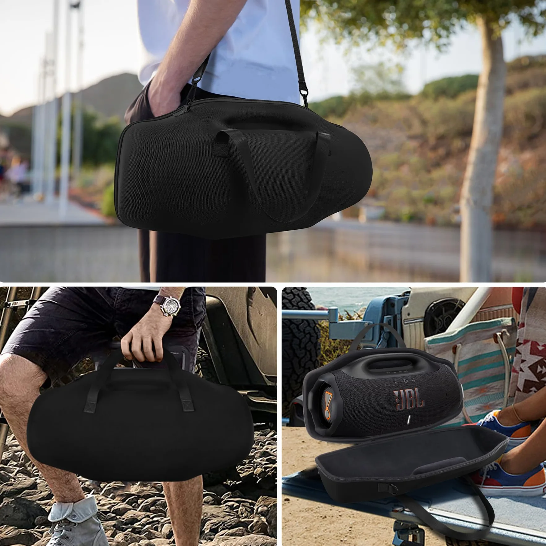 co2CREA Twarde etui podróżne z mini torbą na akcesoria i paskiem na ramię do głośnika Bluetooth JBL Boombox 3 WiFi/Boombox 2, Czarny, Fits JBL Boombox 4