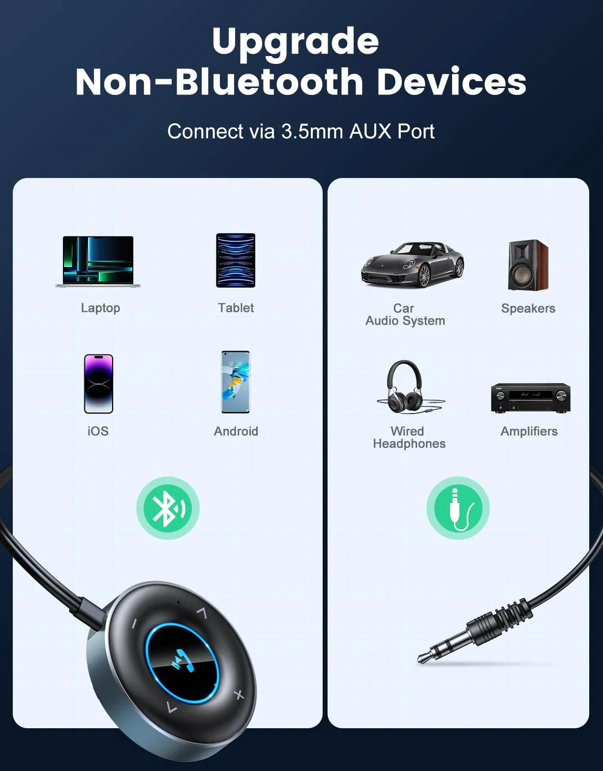 Adapter samochodowy Bluetooth 5,3, [podłącz i używaj] odbiornik Bluetooth 3,5 mm, samochodowy zestaw głośnomówiący Bluetooth, wbudowany mikrofon Hi-FI do stereo/głośników/słuchawek przewodowych