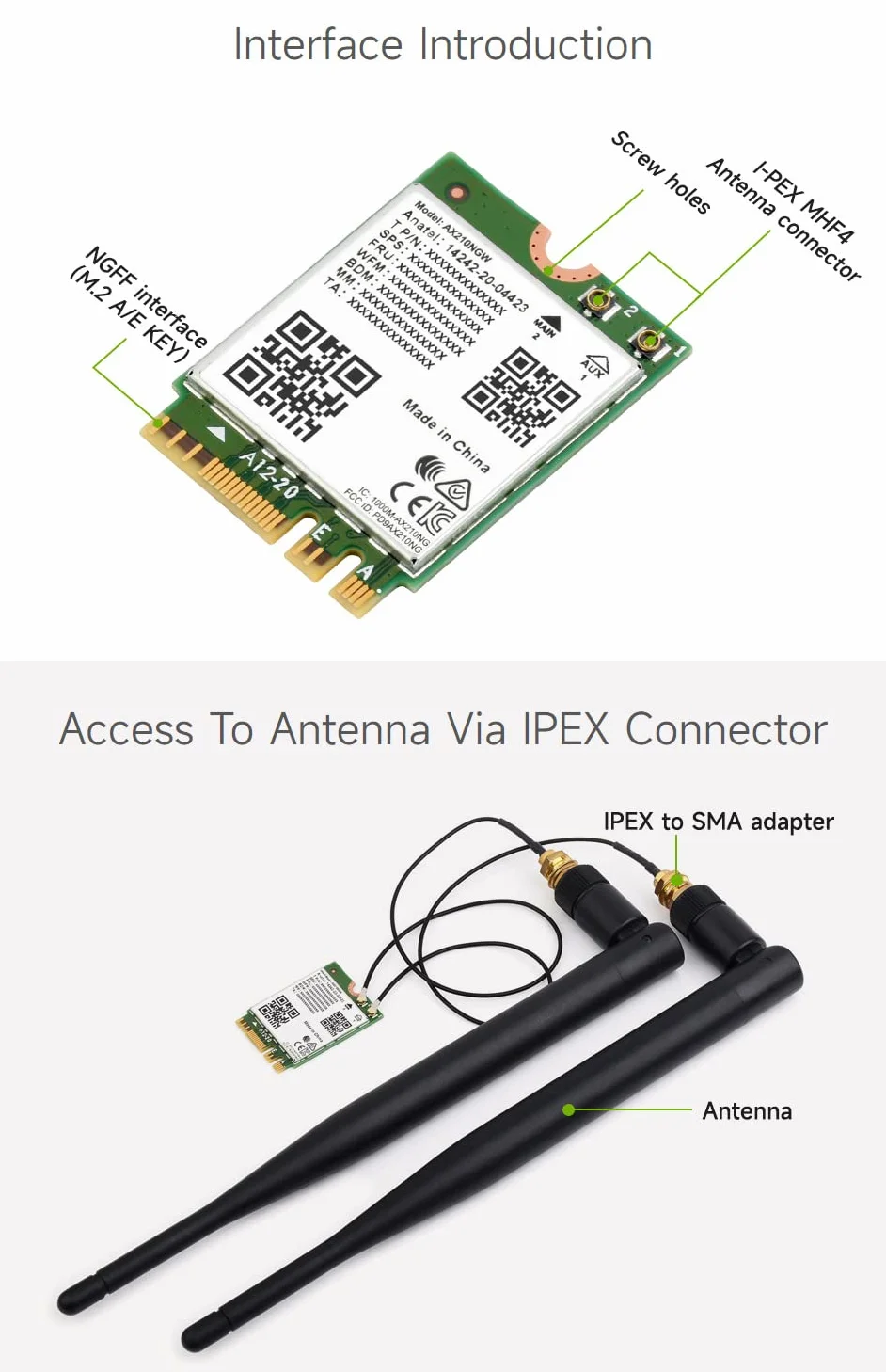 Waveshare Wireless AX210 NIC Card Gigabit Tri-Band Wi-Fi 6E M.2 802.11AX BT5.3