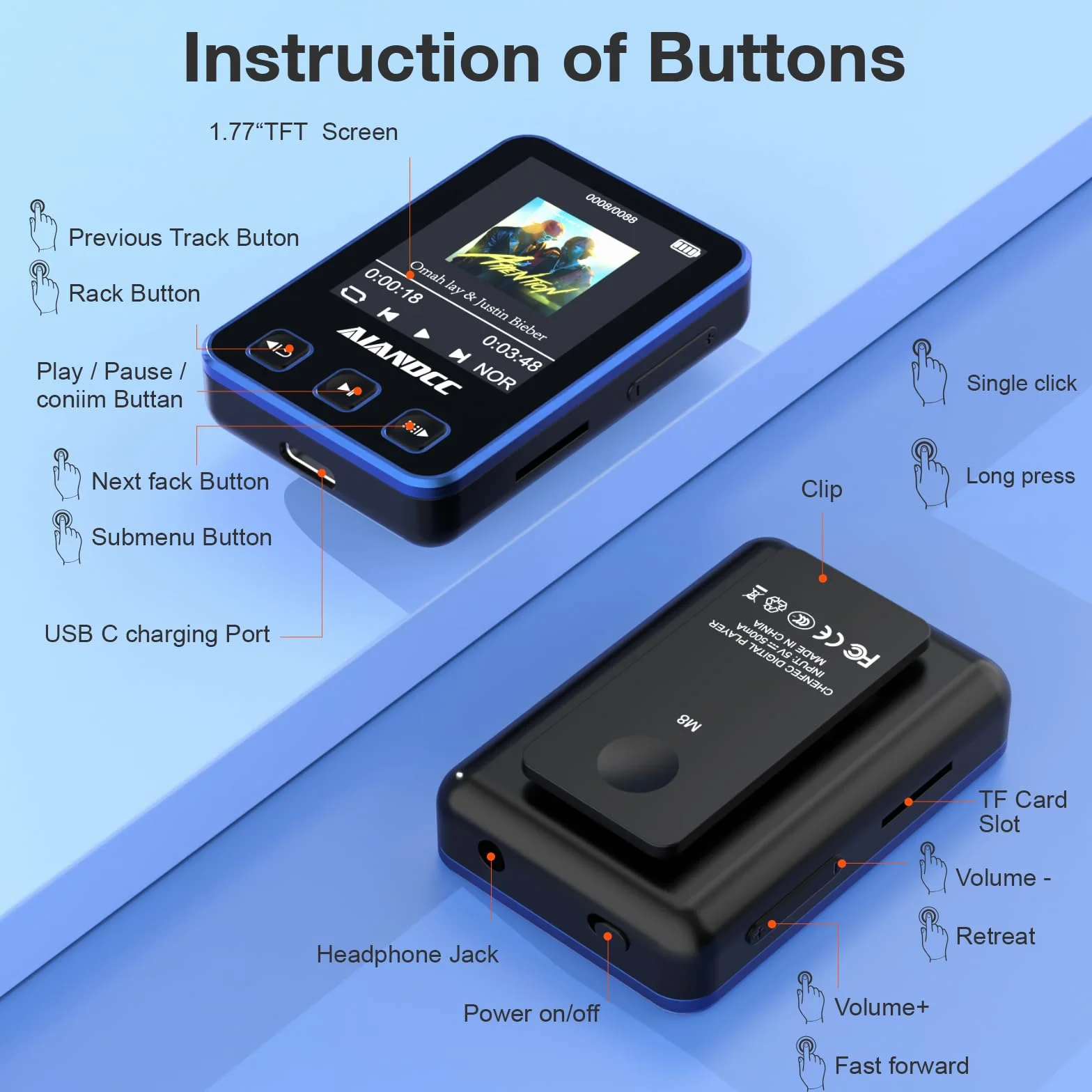 Odtwarzacz MP3 32 GB z funkcją odtwarzania muzyki Bluetooth, ekran 0,77", opaska, przewodowe słuchawki w zestawie, do biegania, studia fitness, zielony