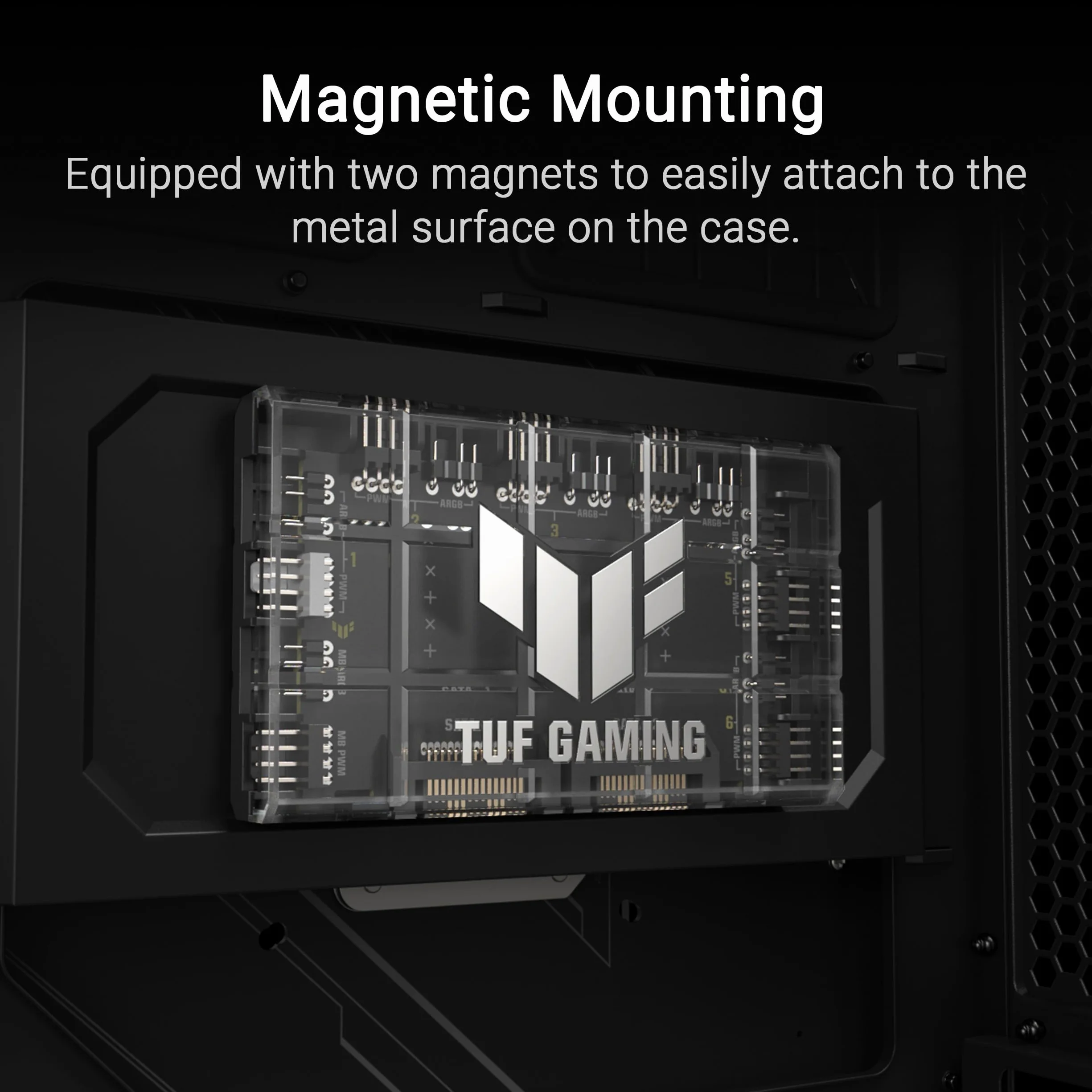 ASUS TUF Gaming ARGB PWM Hub wentylatora (6 portów do wentylatora obudowy PWM i sterowania ARGB, 2 x złącza zasilania SATA, synchronizacja chłodzenia i efektów świetlnych, magnetyczne mocowanie,