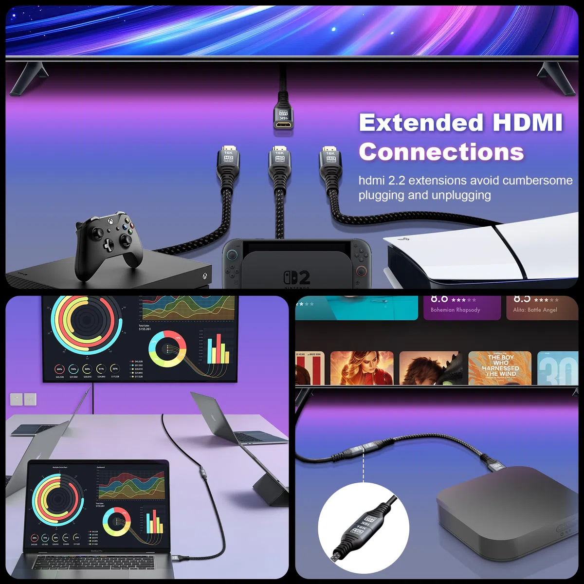 CAKOBLE HDMI 2.2 Przedłużacz | Przedłużacz HDMI Męsko-Żeński (Wtyk-Gniazdo) | 96Gbps Ultra Szybki, 16K@60Hz, 8K@240Hz, 4K@480Hz | eARC, HDR10+, HDCP 2.2&2.3, Dolby Vision/Atmos (2m+2m)
