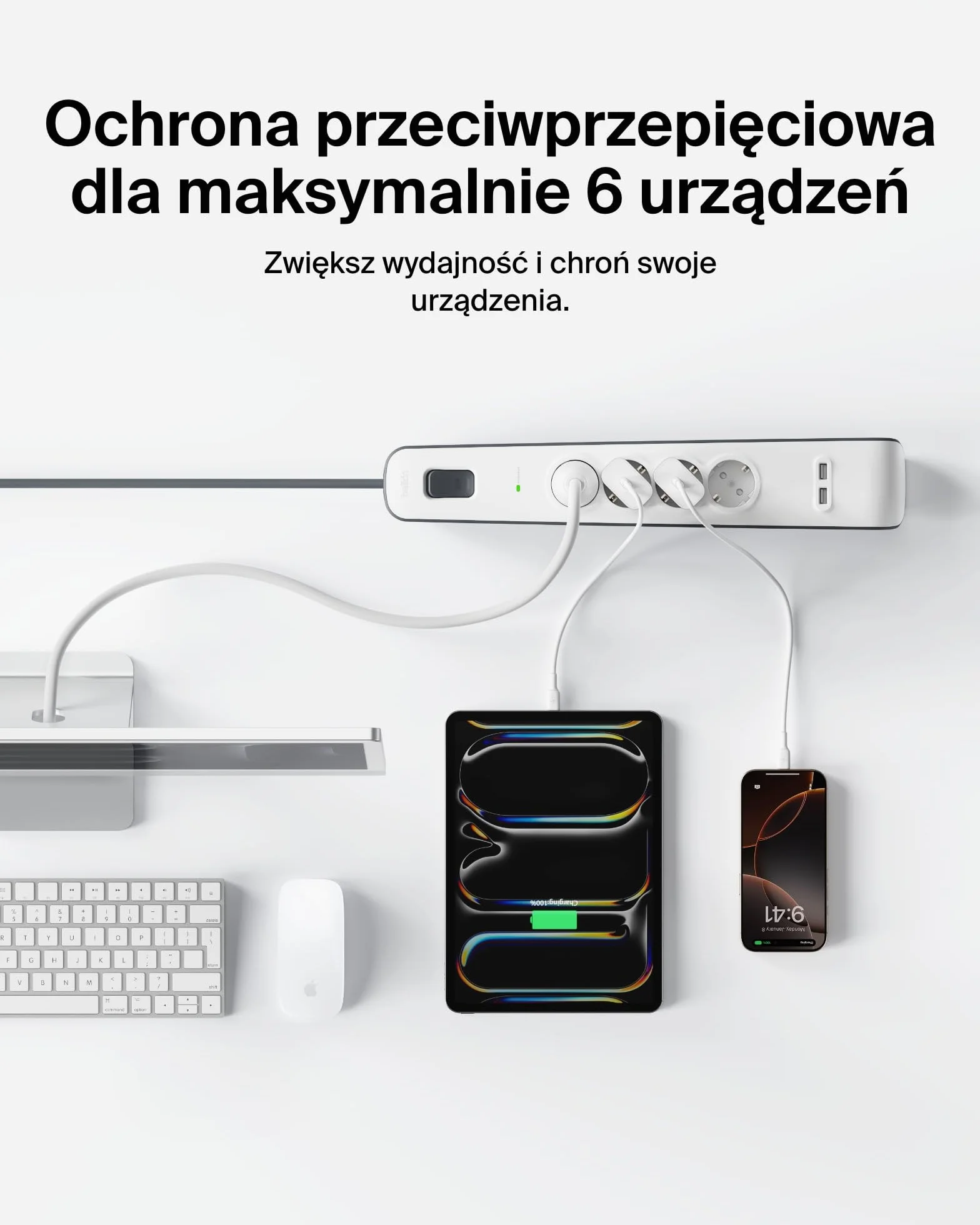 Belkin Surge Plus listwa zasilająca z 4 gniazdami z zabezpieczeniem przeciwprzepięciowym (w zestawie 2 złącza USB z kablem 2,4 A, 2 m) biała/szara