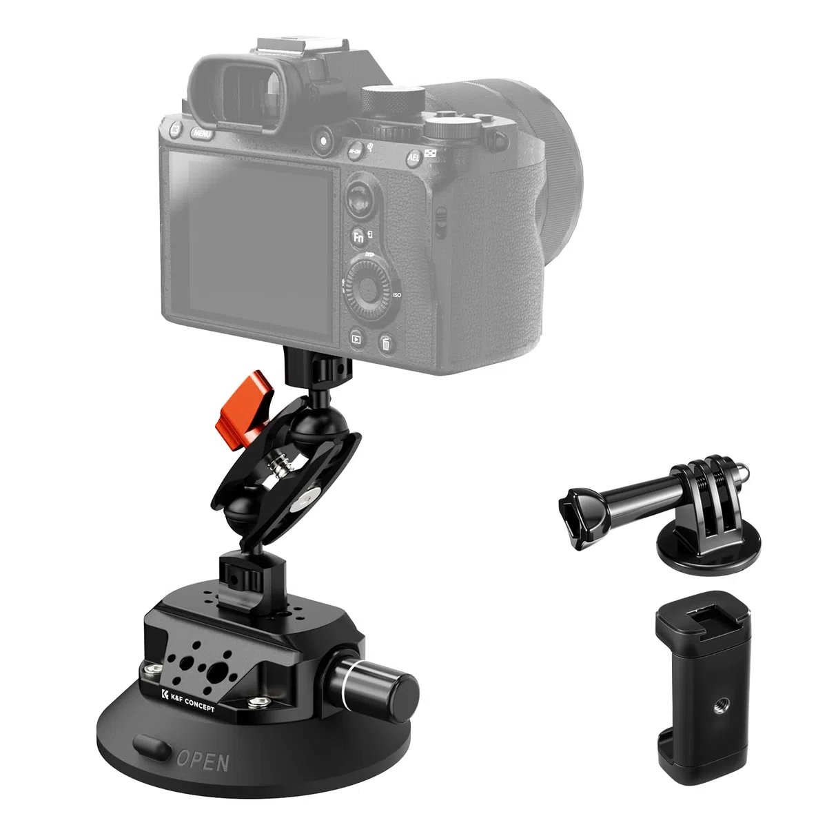 K&F CONCEPT 10,5 cm uchwyt z przyssawką, głowica kulowa Magic Arm, ARRI | 1/4" 3/8", do samochodu, GoPro, DJI, Insta360 X4, telefonu komórkowego, Action Cam, 360°, MS45