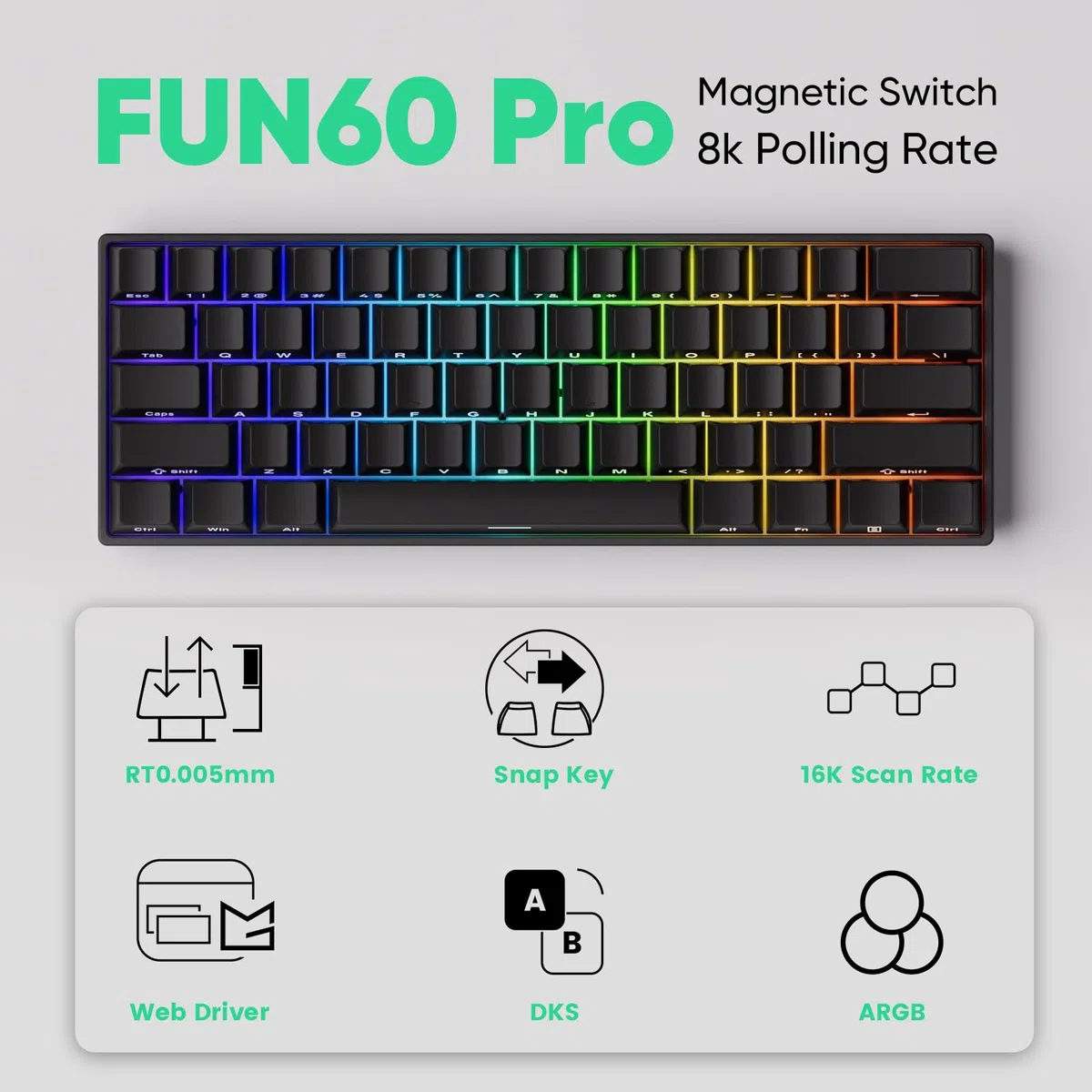 MONSGEEK FUN60 Pro Rapid Trigger klawiatura do gier, częstotliwość skanowania 16K SP przełącznik magnetyczny HE klawiatura przewodowa klawiatura 60% czarna błyszcząca (odblaskowy przełącznik