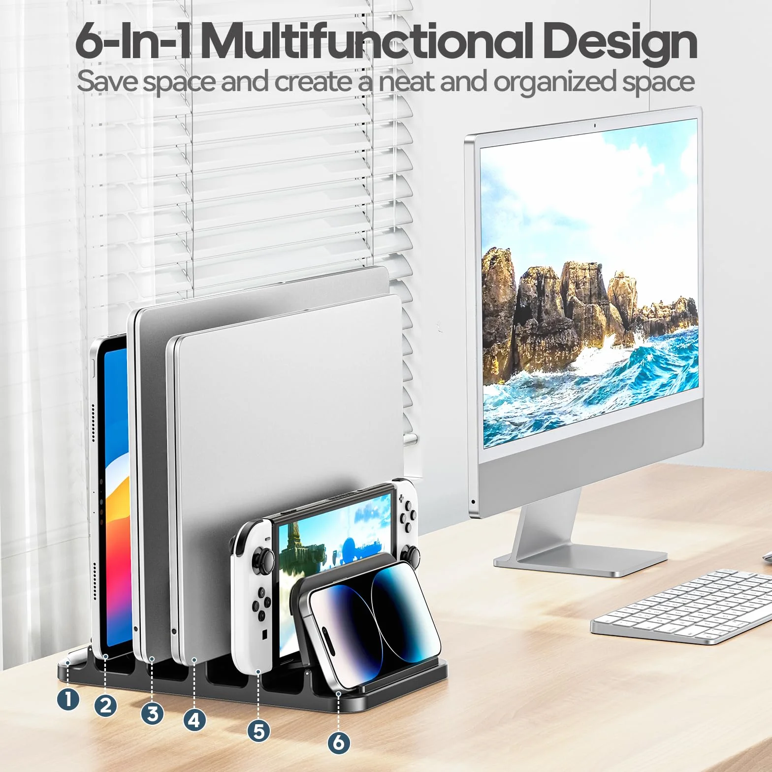 KDD Pionowy stojak na laptopa z blokadą grawitacyjną, uchwyt na laptopa 6 w 1, organizer oszczędzający miejsce pasuje do MacBooka/Surface/Samsung/HP/Dell/Book/tablet/Switch i telefonu komórkowego