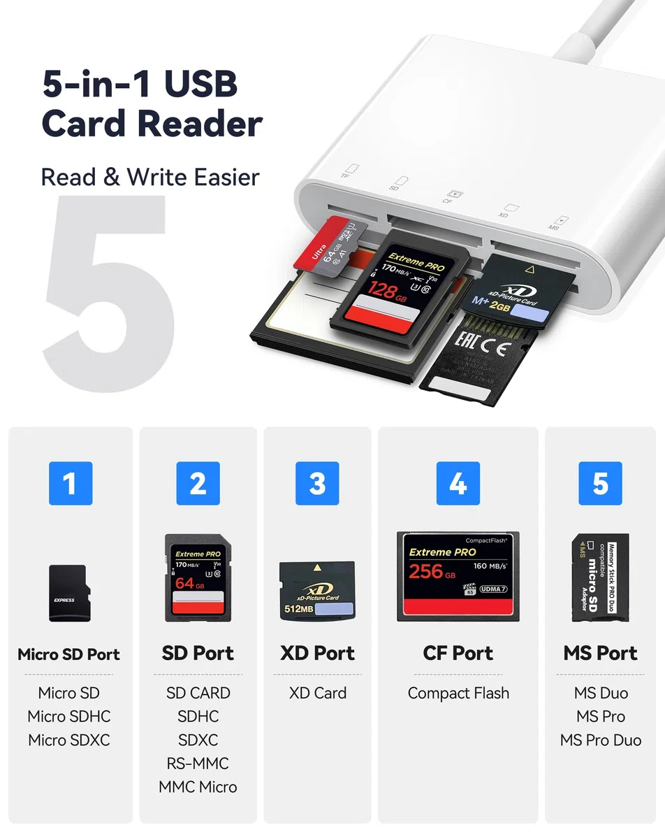 Fubiaofei Czytnik kart SD, 5 w 1 USB 3.0 USB-C podwójne złącze do SD/TF/CF/Micro SD/XD/MS czytnik kart pamięci OTG adapter kompatybilny z Windows/Mac/Linux/Android, Plug & Play
