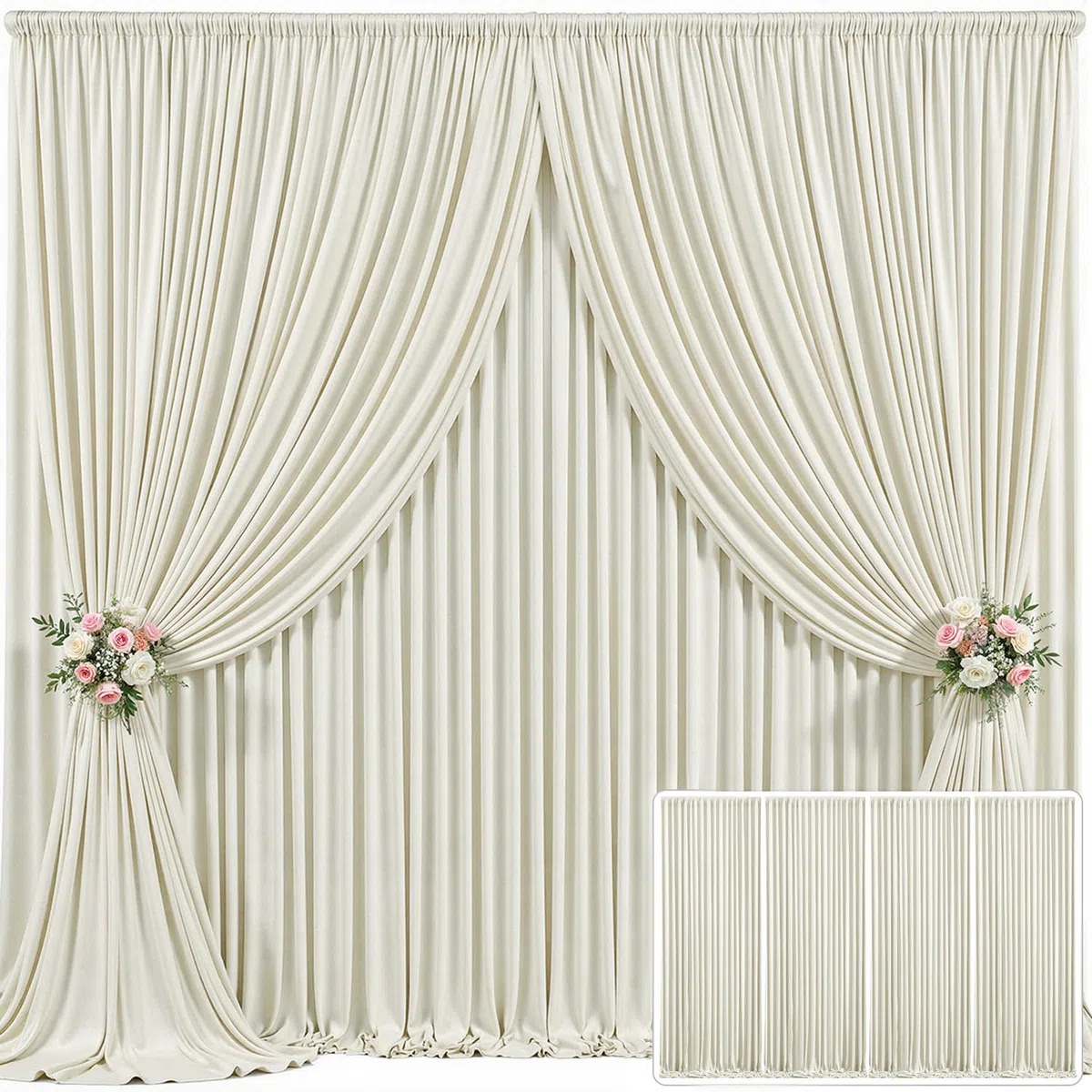 4 panele, beżowe tło, zasłona na przyjęcia weselne, bez zagnieceń, beżowe zasłony fotograficzne, tło, dekoracja, na baby shower, sesję zdjęciową, 6 m (szer.) x 3 m (wys.)
