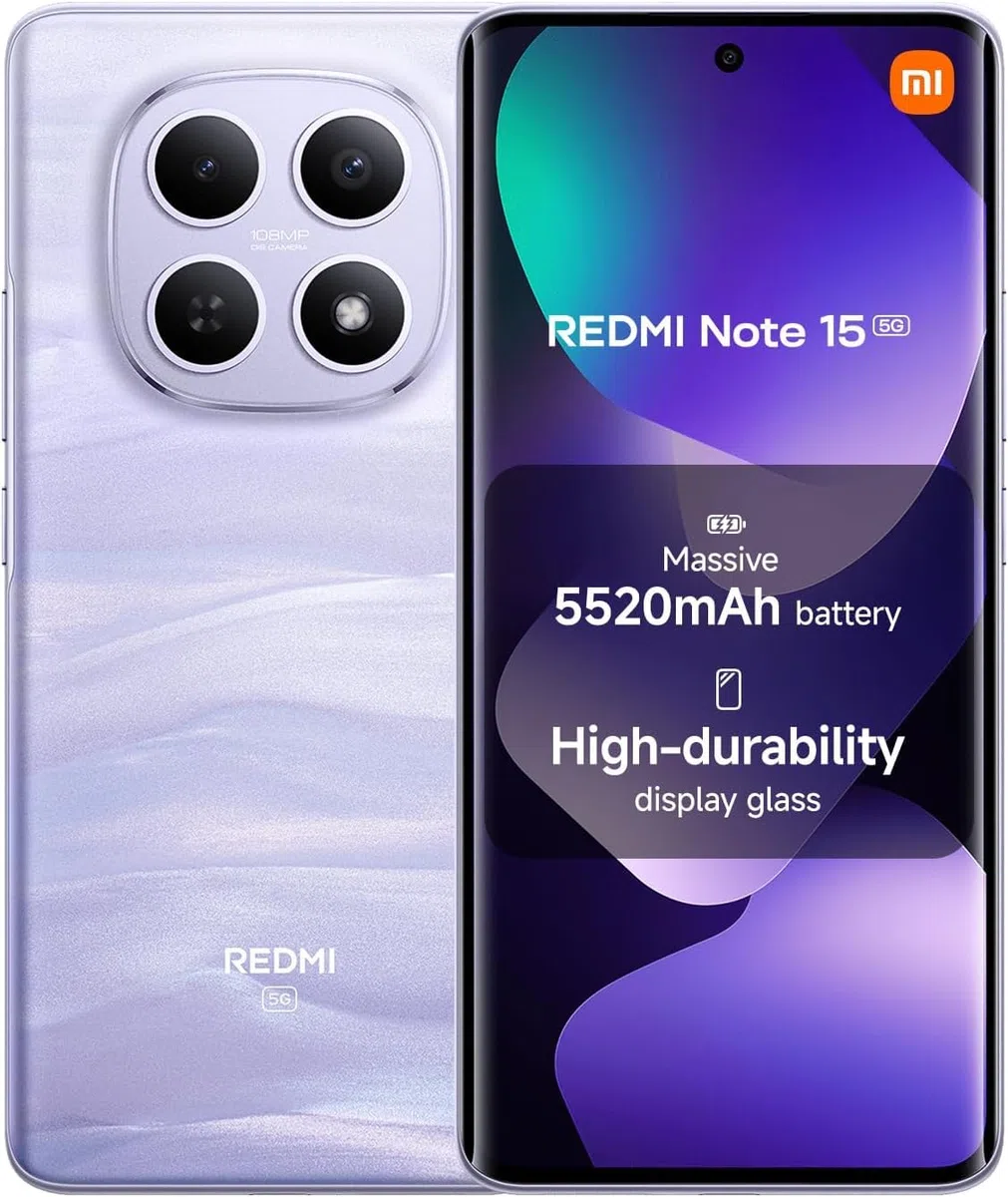 XIAOMI Redmi Note 15 5G, smartfon 8 + 256 GB, ultracienki design, odporność na IP65, super wyraźny aparat 108 MP, wyświetlacz FHD+ 6,77", fioletowa mgła, 2 lata, ładowarka nie wchodzi w | Kamera 108 MP, 25098RA98G