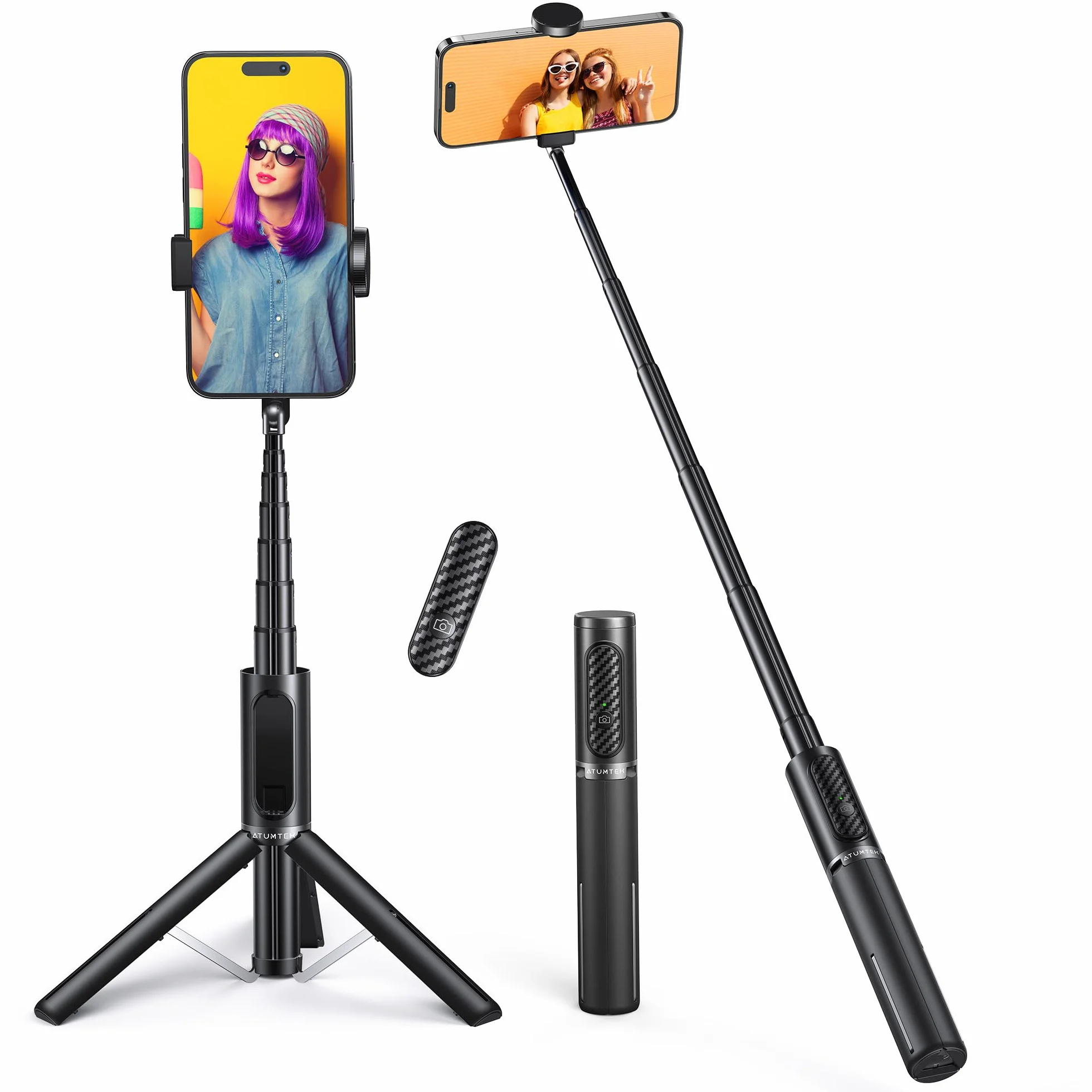 ATUMTEK statyw i kijek do selfie Bluetooth, możliwość rozszerzenia, 3 w 1, z aluminium, z bezprzewodowym pilotem zdalnego sterowania, obracany o 360°, do iPhone 13 / 12 / 12 mini / 11 Pro / XS Max / XS / 8 / 7, smartfonów Samsung