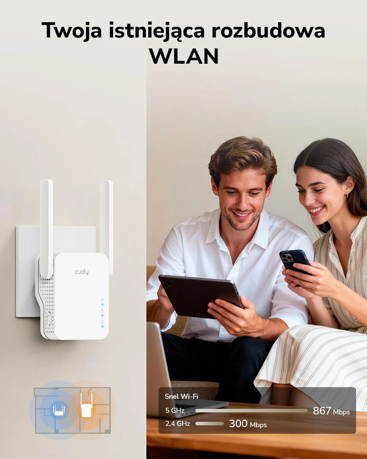 Cudy AC1200 Mesh - Wzmacniacz WiFi Mesh1200Mbps 5GHz/2,4GHz, Wzmacniacz WiFi Extender z wtyczką, wskaźnik sygnału, anteny wewnętrzne, biały RE1200