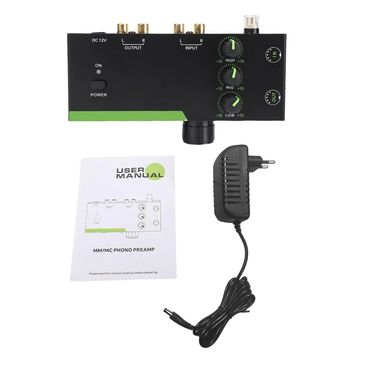 Przedwzmacniacz Gramofonowy PH-3EQ Interfejs Dźwiękowy MM MC z regulacją High Mid Low Zbalansowane Połączenie XLR Obwód Wyjściowy o Niskim Poziomie Szumów dla Audiofilów i (Wtyczka UE)