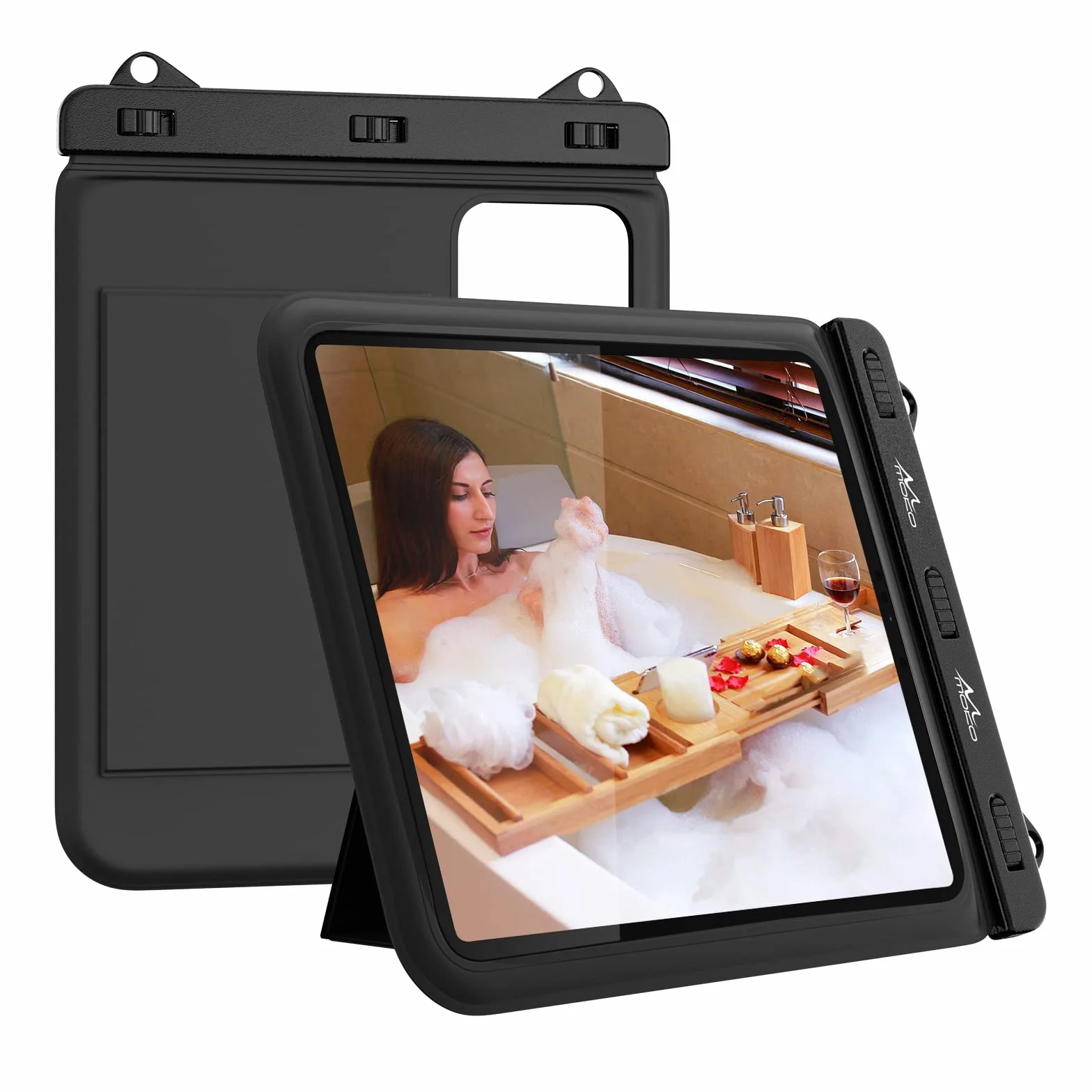 MoKo Waterproof Tablet Pouch Holder Dry Bag for Bathroom and Kitchen - Stand Case Compatible with iPad 9, Air 5, Pro 11, 10.2, Galaxy Tab S6/S7, A 10.1, S 10.5, Fire HD 10