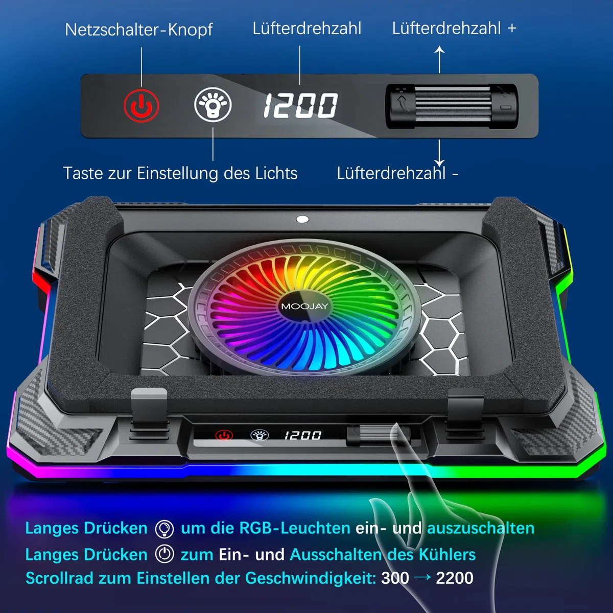 Poduszka chłodząca do laptopa, wydajny wentylator turbo RGB, notebook, wentylator chłodzący, stojak chłodzący z 8 regulacją wysokości i stojakiem na telefon, do laptopów o przekątnej ekranu 14