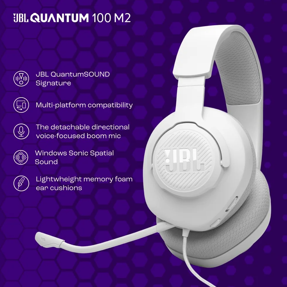 JBL Quantum 100 M2 Słuchawki Przewodowe z Mikrofonem, 3,5 mm, Białe