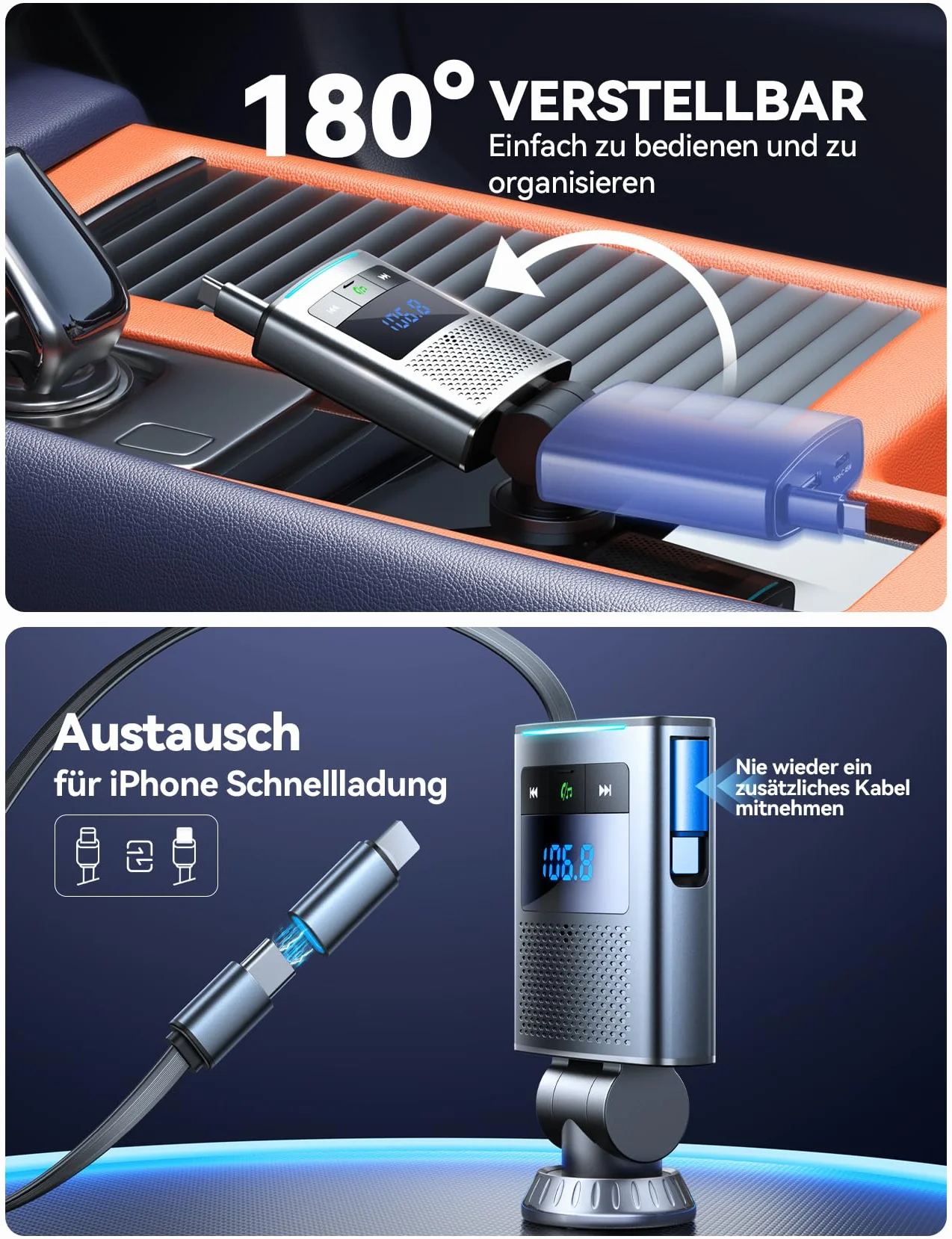 JOYROOM 90W Bluetooth 5.4 Adapter do samochodu,【100 cm wciągany kabel】 24V/12V USB C & nadajnik FM, 24V/12V adapter USB do samochodu z zestawem głośnomówiącym, akcesoria samochodowe dla iPhone 17