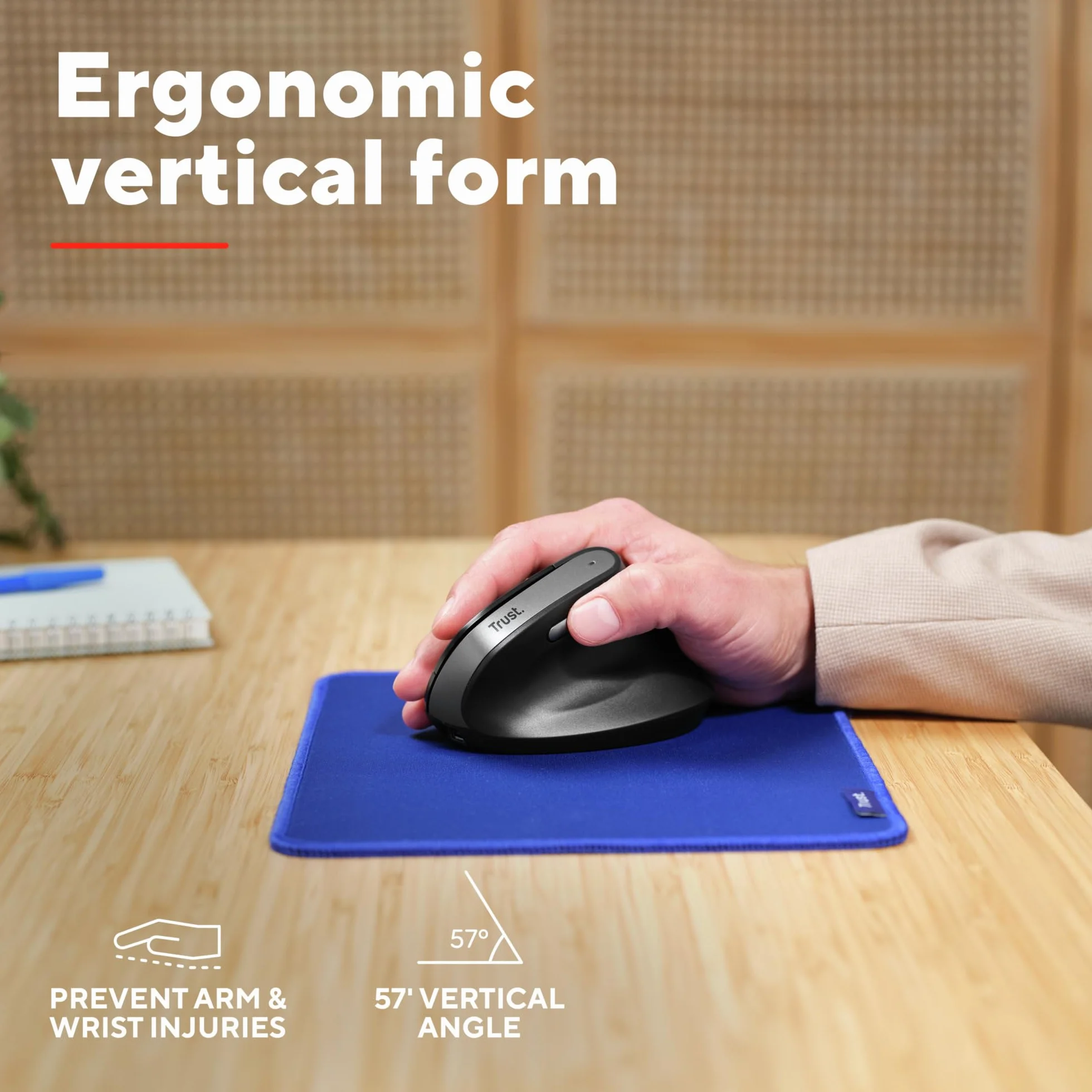 Trust Yuno Ergonomiczna Mysz Bezprzewodowa Pionowa, USB 2.4GHz, Regulowane DPI 800-2400, Czarny