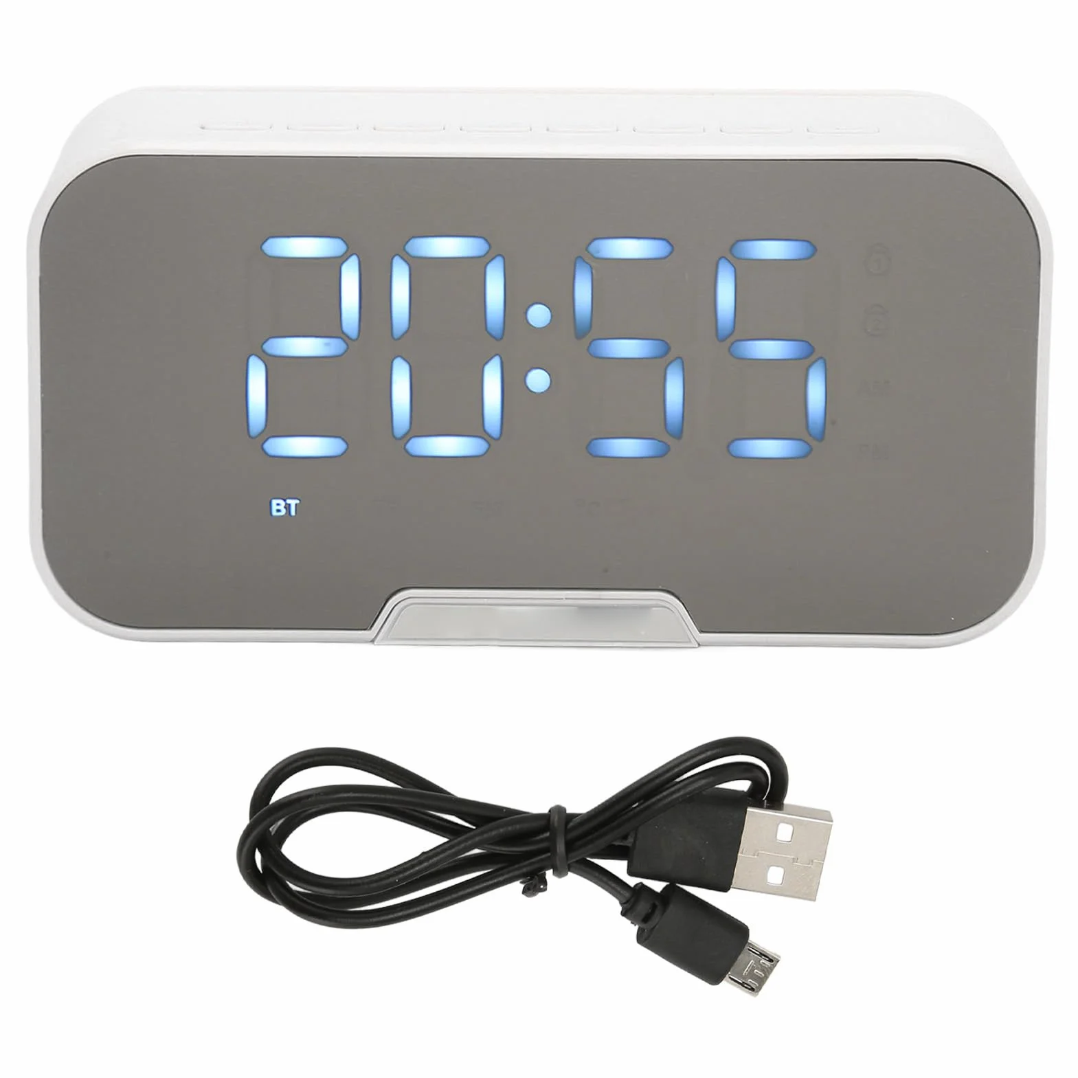Głośnik Bluetooth z Cyfrowym Budzikiem, Wielofunkcyjny Głośnik z Lustrzanym Budzikiem i Radiem FM do Biura w Sypialni, Obsługa Radia FM z Wyświetlaczem Temperatury (Biały)