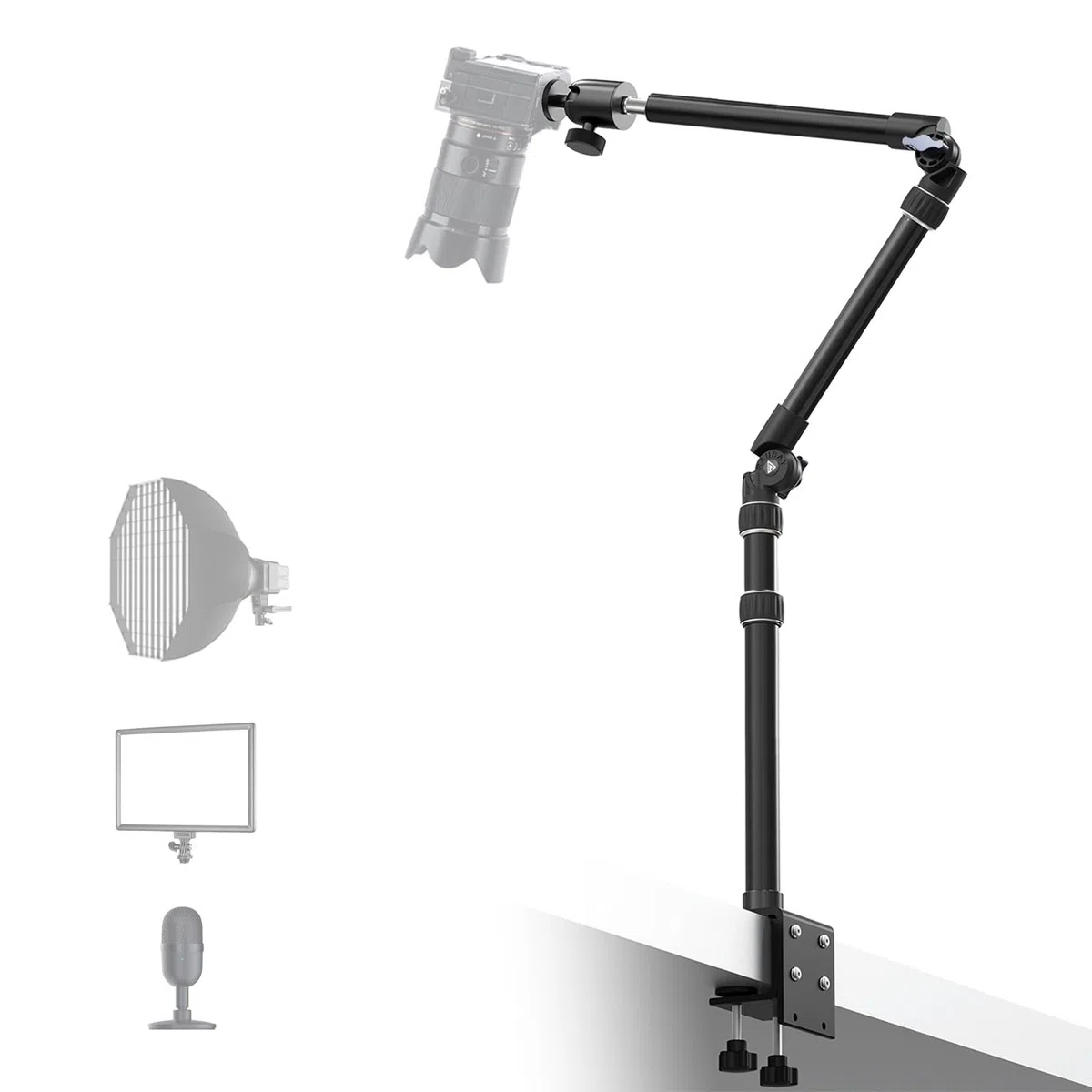 Cały metal - magiczne ramię RAUBAY na biurko, uchwyt na kamerę górną, stojak na oświetlenie stołowe z głowicą kulową 1/10.2 cm, adapter 3/20.3 cm i 5/20.3 cm, zacisk C, wysuwane ramię wysięgnika do