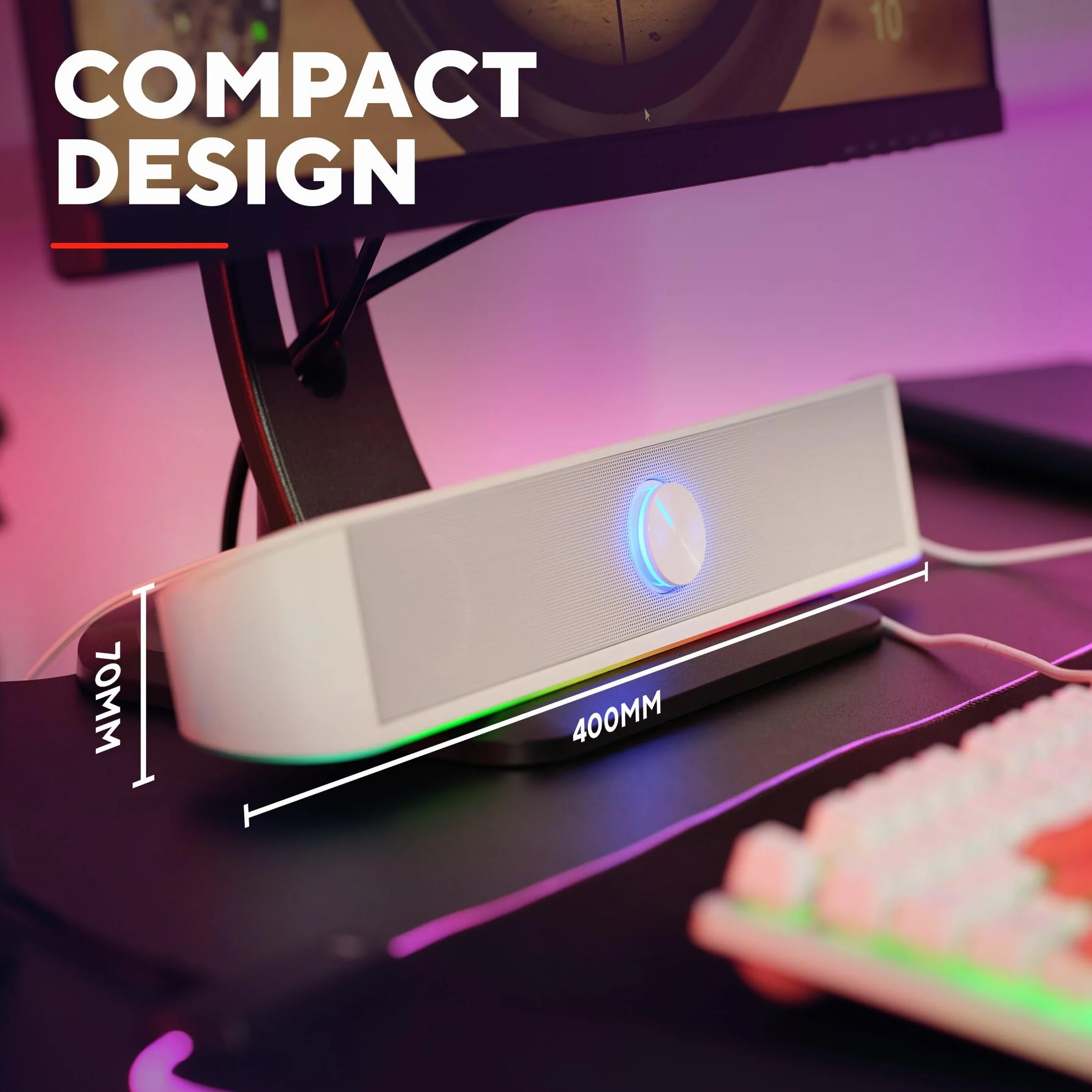 Rhox Soundbar RGB 1619W, Podświetlane Głośniki PC, Moc Szczytowa 12W, Głośnik Stereo USB, Biały