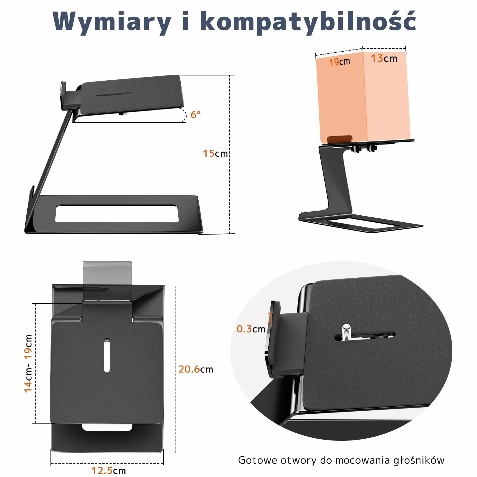 Stołki pod Głośniki, Podstawki pod Głośniki na Biurko dla Większości Małych i Średnich Głośników Półkowych,Głębokość do 19.6 cm, Kąt Nachylenia 6°, Podstawki z Podkładką Absorbującą Wibracje, Czarny