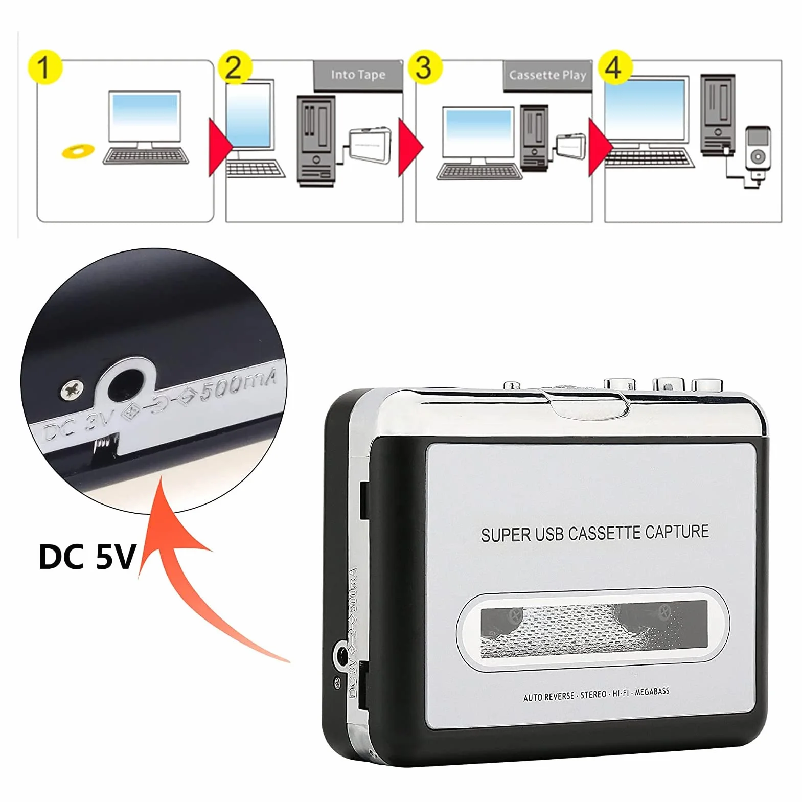 Przenośny Odtwarzacz Kasetowy, Przenośny Odtwarzacz Kasetowy USB, Muzyka MP3 Audio, Kompatybilny z Laptopem