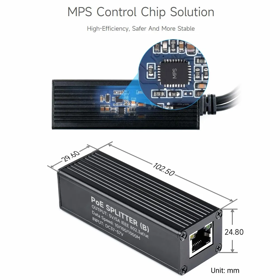 Waveshare Industrial Gigabit PoE Splitter, 5V 5A Type-C Output Port, Onboard MPS Control Chip