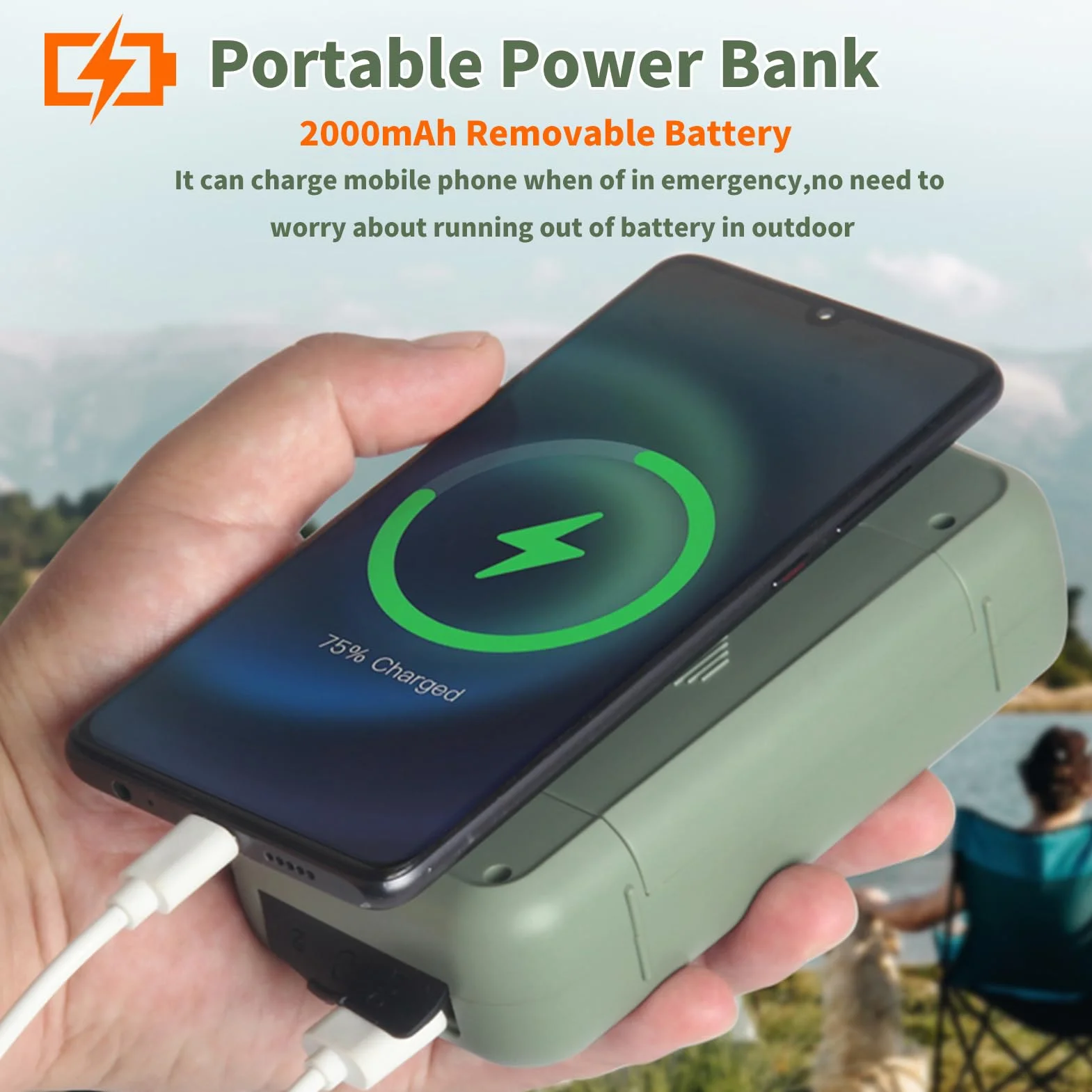 Radio awaryjne AM/FM z korbą solarną, dynamo, powerbank 2000 mAh, LED na kemping