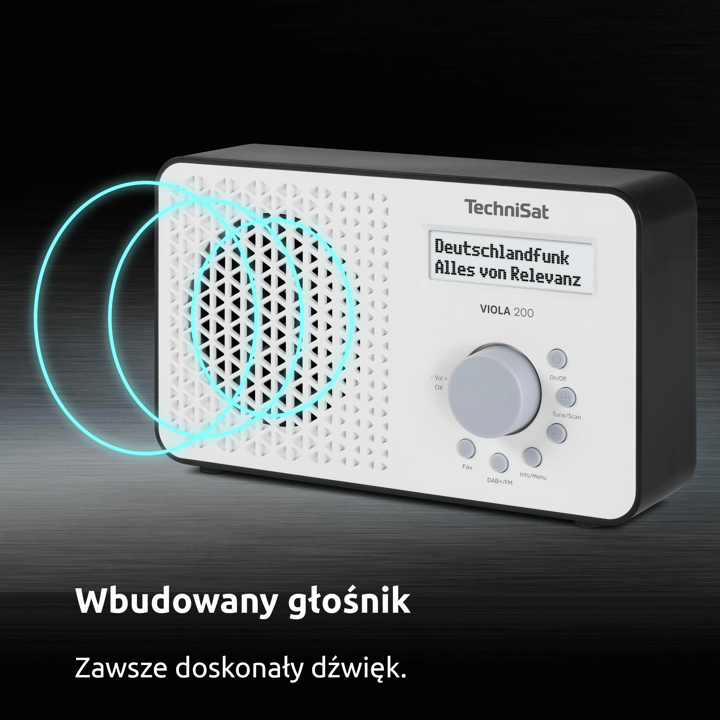 TechniSat VIOLA 200 – przenośne radio DAB+/FM (LCD, antena teleskopowa, pamięć ulubionych, wyjście słuchawkowe, zasilanie sieć/baterie, głośnik mono, RDS, PLL) biało-czarne