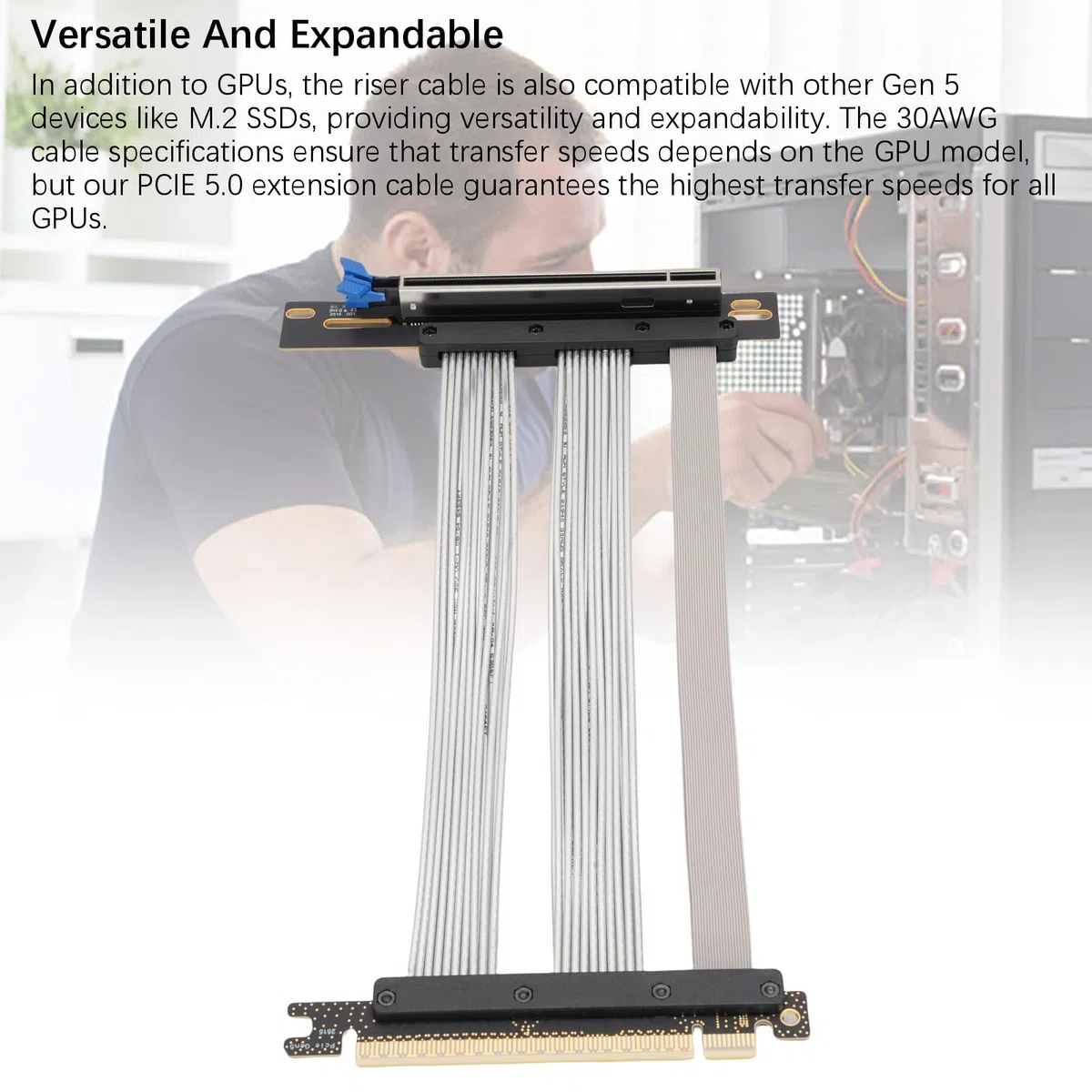 aqxreight Kabel Riser PCIe 5.0 16X Szybkie Rozszerzenie GPU dla RTX 4090, 5090 i RX Elastyczny Adapter Karty Graficznej Gen 5 z Ekranowaniem EMI Zgodny z ITX, Chłodzeniem cieczą i (20 cm)