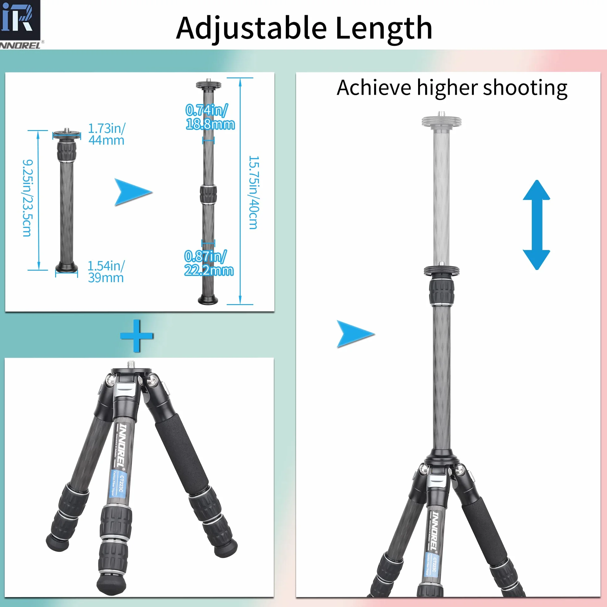 INNOREL ER222C Statyw z włókna węglowego dwuczęściowy do aparatu DSLR 22,2 mm