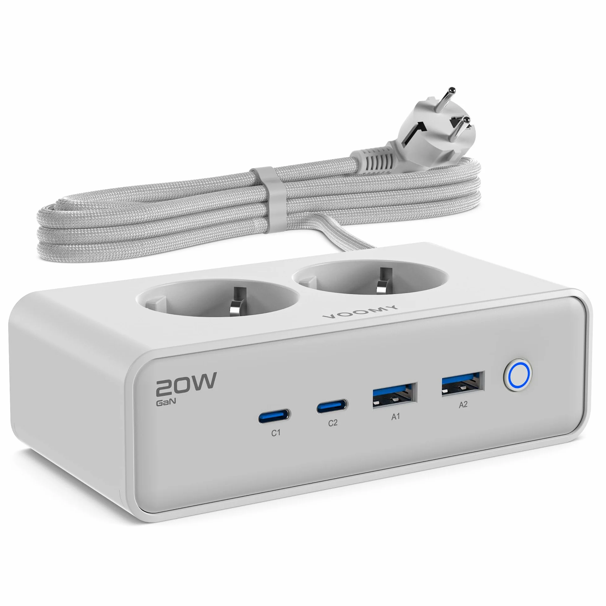 Voomy Listwa Zasilająca z Portami USB 20W, Ochrona przed Przepięciami, Przeciążeniem i Zwarciem, Zabezpieczenie Bezpieczeństwa, 2 Metry (Biały)
