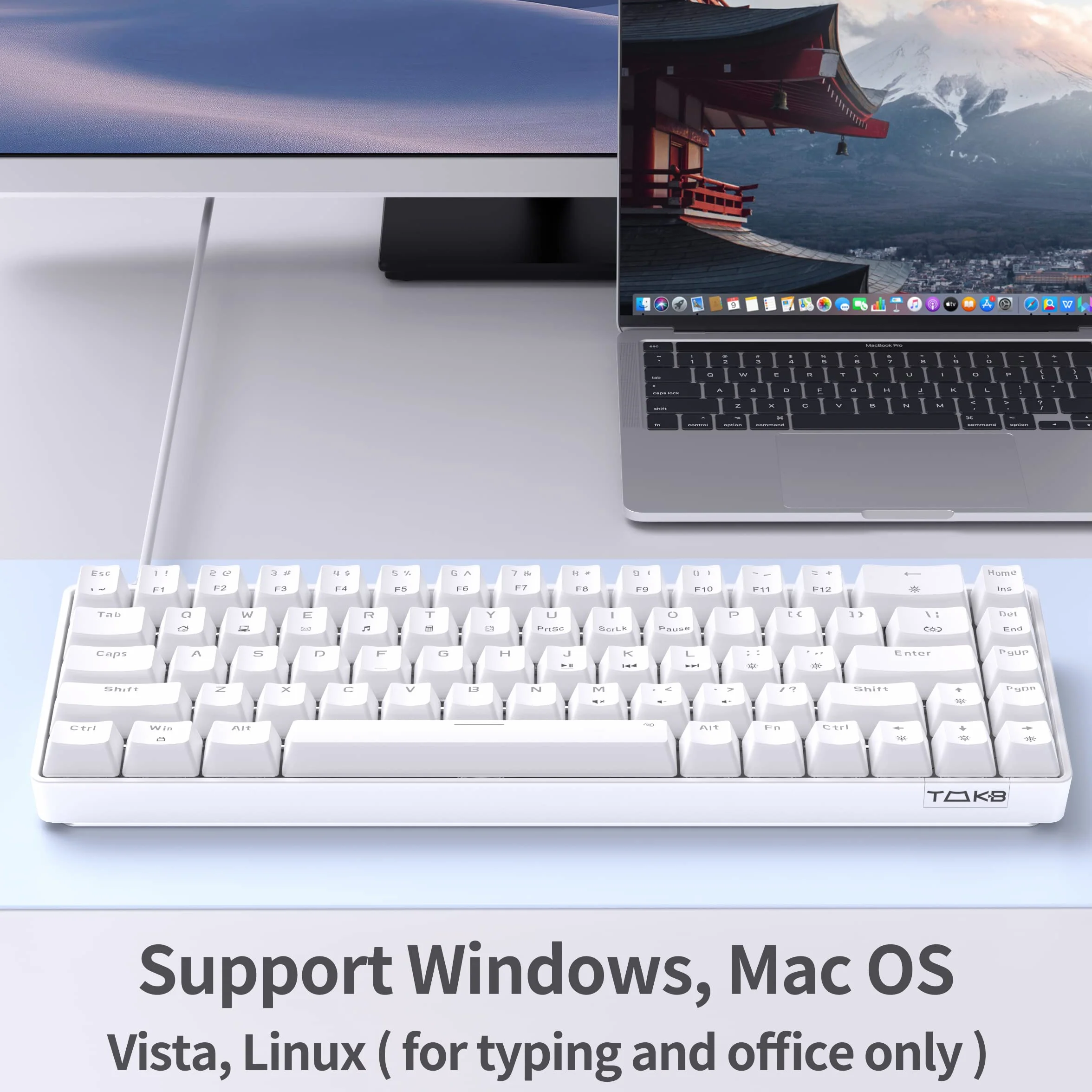 TMKB Klawiatura gamingowa, T68SE 60% Układ 68 klawiszy Przewodowa PC USB Gaming Mechanical Keyboard,Anti Ghosting US QWERTY Layout Mini Podświetlenia LED Red Switch mechaniczna Klawiatura na PC/Windows/Laptop/Mac,Biały