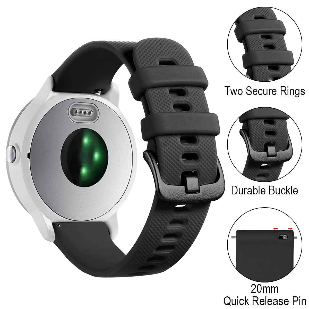 Vobafe Pasek 20 mm, kompatybilny z Garmin Vivoactive 3, miękki silikonowy pasek, zastępcza opaska do Garmin Vivoactive 3 Music / Venu / Vivomove 3 / Luxe / Style / HR / Forerunner 245 / 645 Music, czarny