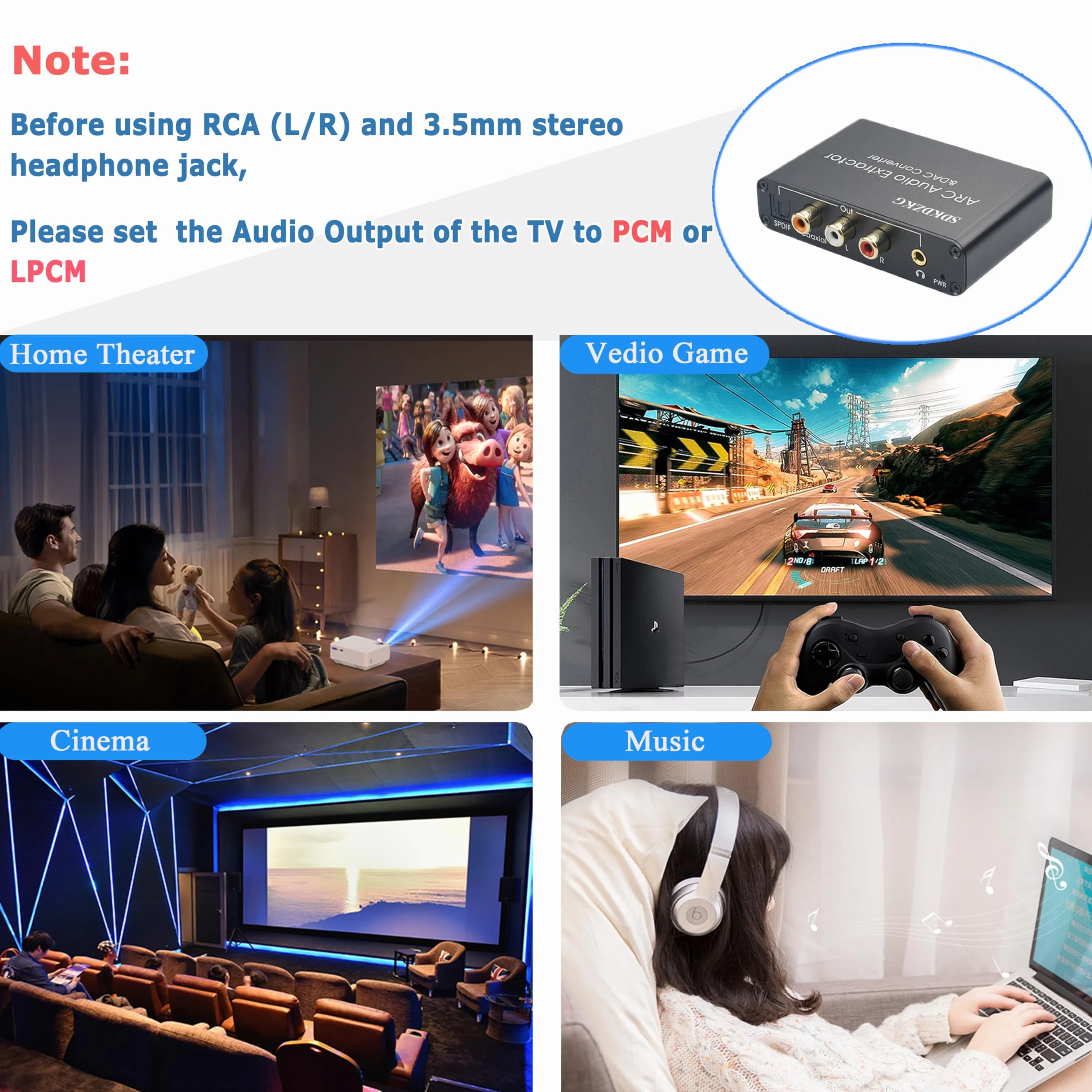 192KHz DAC Konwerter, HDMI ARC Ekstraktor Adapter, HDMI/Cyfrowy SPDIF Optyczny Toslink Koncentryczny do Analogowe RCA 3,5mm Jack L/R Współosiowy SPDIF Audio Konwerter dla HDTV Soundbar