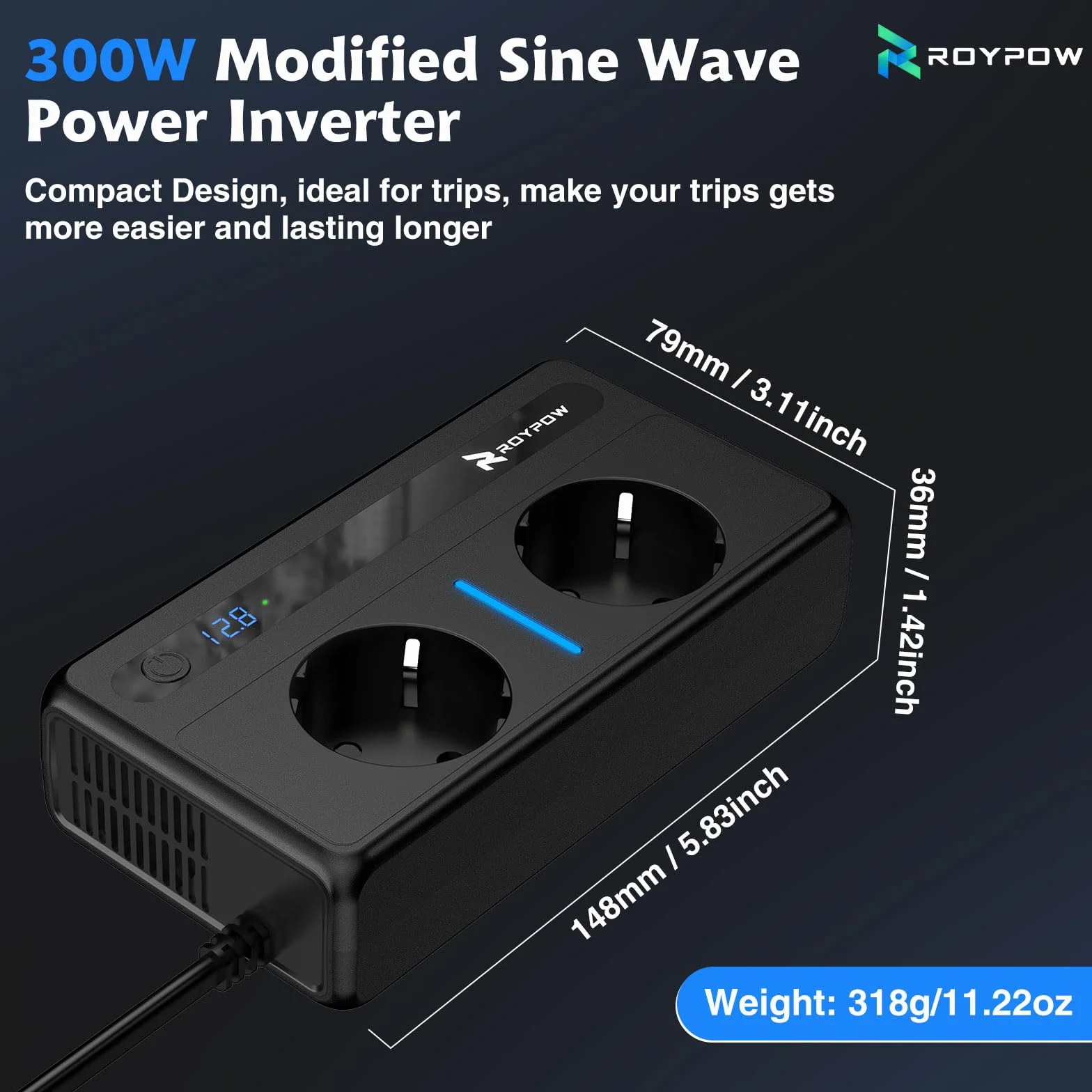 RoyPow Samochodowa przetwornica napięcia 300 W, falownik DC 12 V na AC 230 V z 2 gniazdami i 4 portami USB, szybkie ładowanie, ładowarka samochodowa z wtyczką do zapalniczki samochodowej