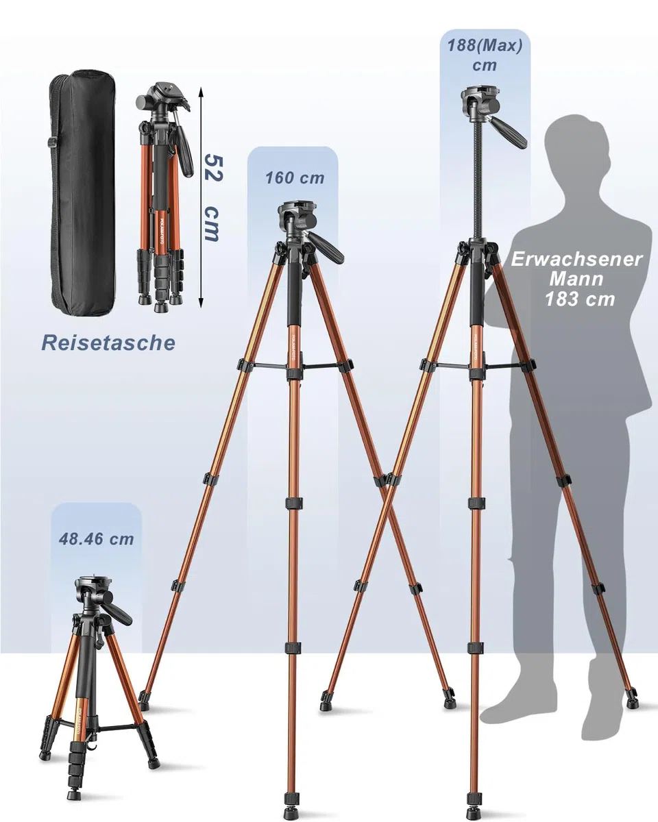 POLAM-FOTO Statyw do aparatu 188 cm, Porfessional aluminiowy statyw o dużej wytrzymałości, kompaktowy statyw z torbą do przenoszenia, z uchwytem na telefon, pomarańczowy