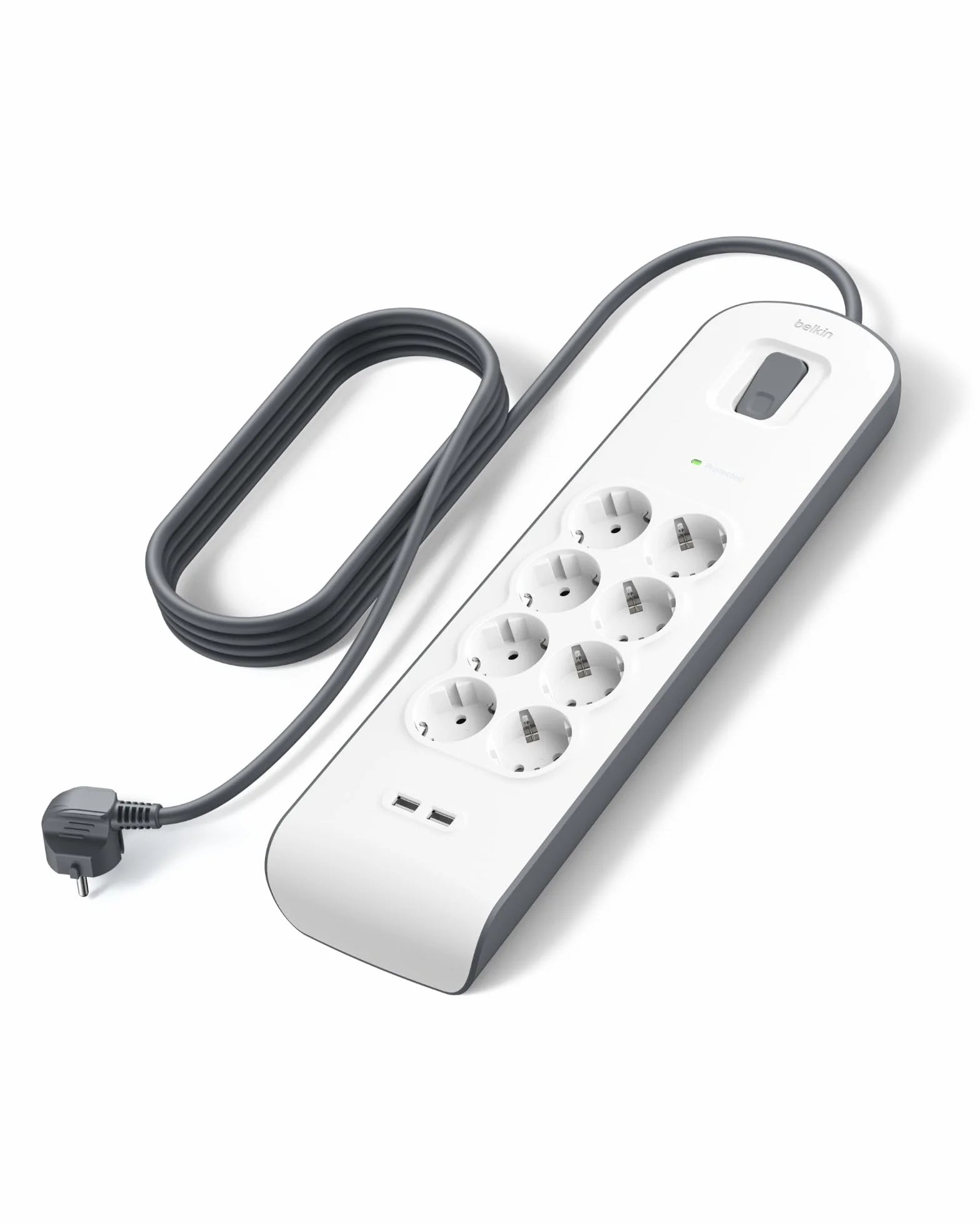 Belkin 8-gniazdowa listwa antyprzepięciowa z portami USB, 8 zabezpieczonych gniazd AC i 2 porty ładowania USB-A o natężeniu wyjściowym 2,4 A, 2-metrowy przedłużacz, listwa zasilająca do domu i biura