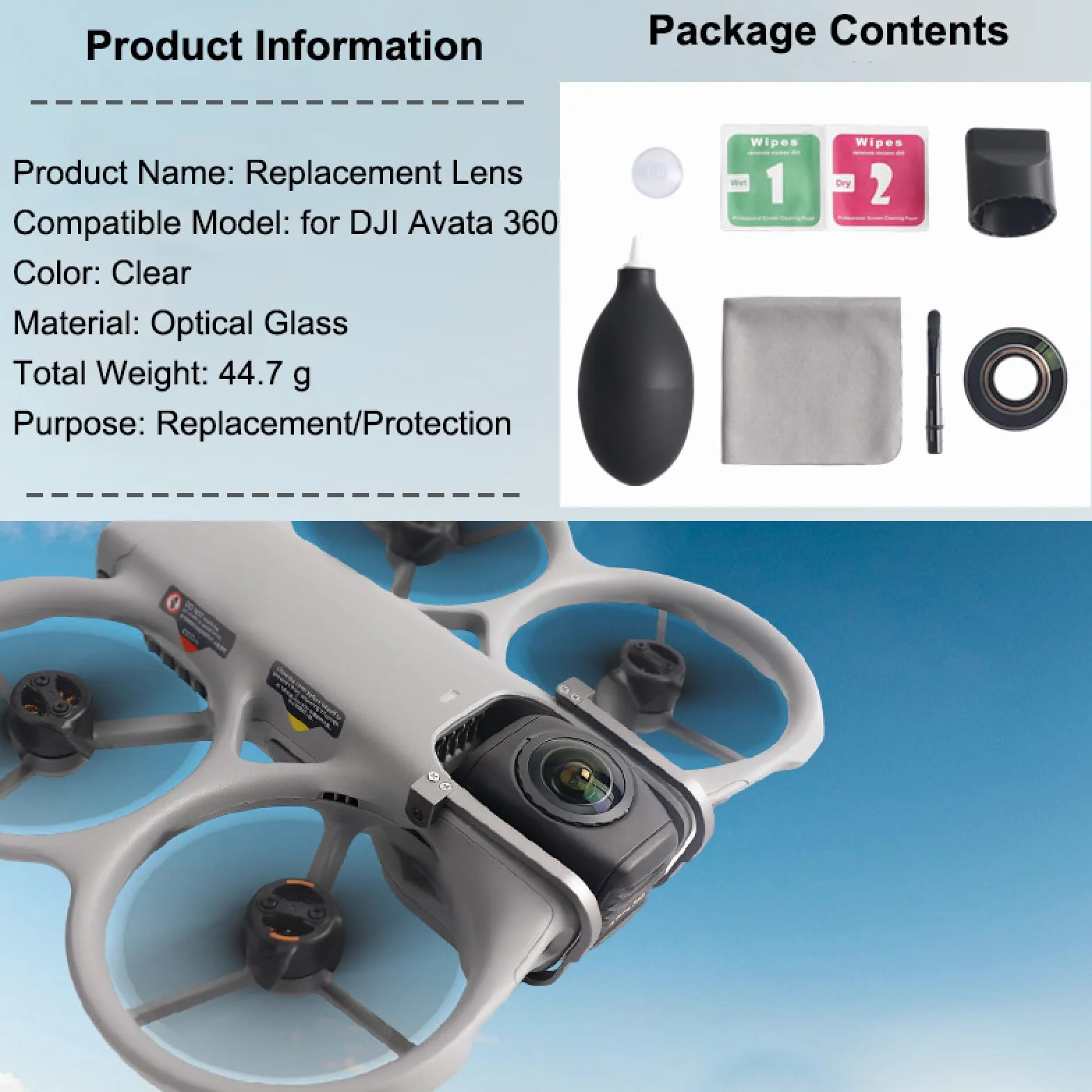 Zestaw wymiennych obiektywów do drona DJI Avata 360 - Wymienne części zamienne do obiektywów zawiera soczewki ze szkła optycznego Avata 360, pierścień ze stopu aluminium i narzędzie