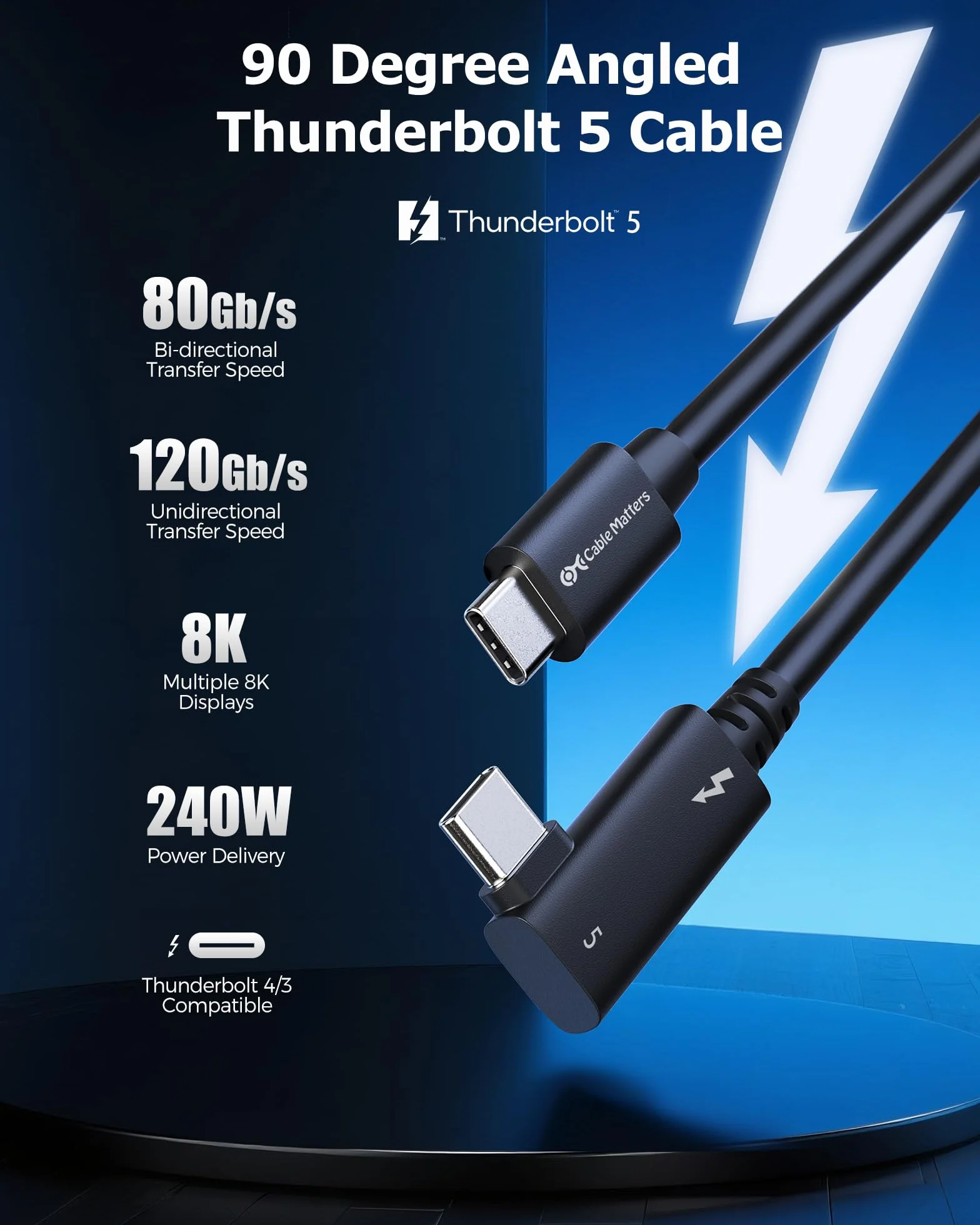 [Certyfikat Intel] Cable Matters kątowy kabel Thunderbolt 5 0,8 m – 80Gbps, Bandwidth Boost do 120Gbps, ładowanie 240W PD 3.1, zgodny z Thunderbolt 4/USB4/USB-C, czarny