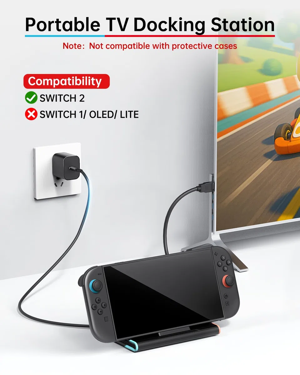 Switch 2 Dock, stacja dokująca Switch 2 z kablem HDMI i kablem do ładowania 60 W, przenośna stacja dokująca 4K do konsoli do gier Nintendo Switch2, podróżna stacja dokująca, zestaw akcesoriów do