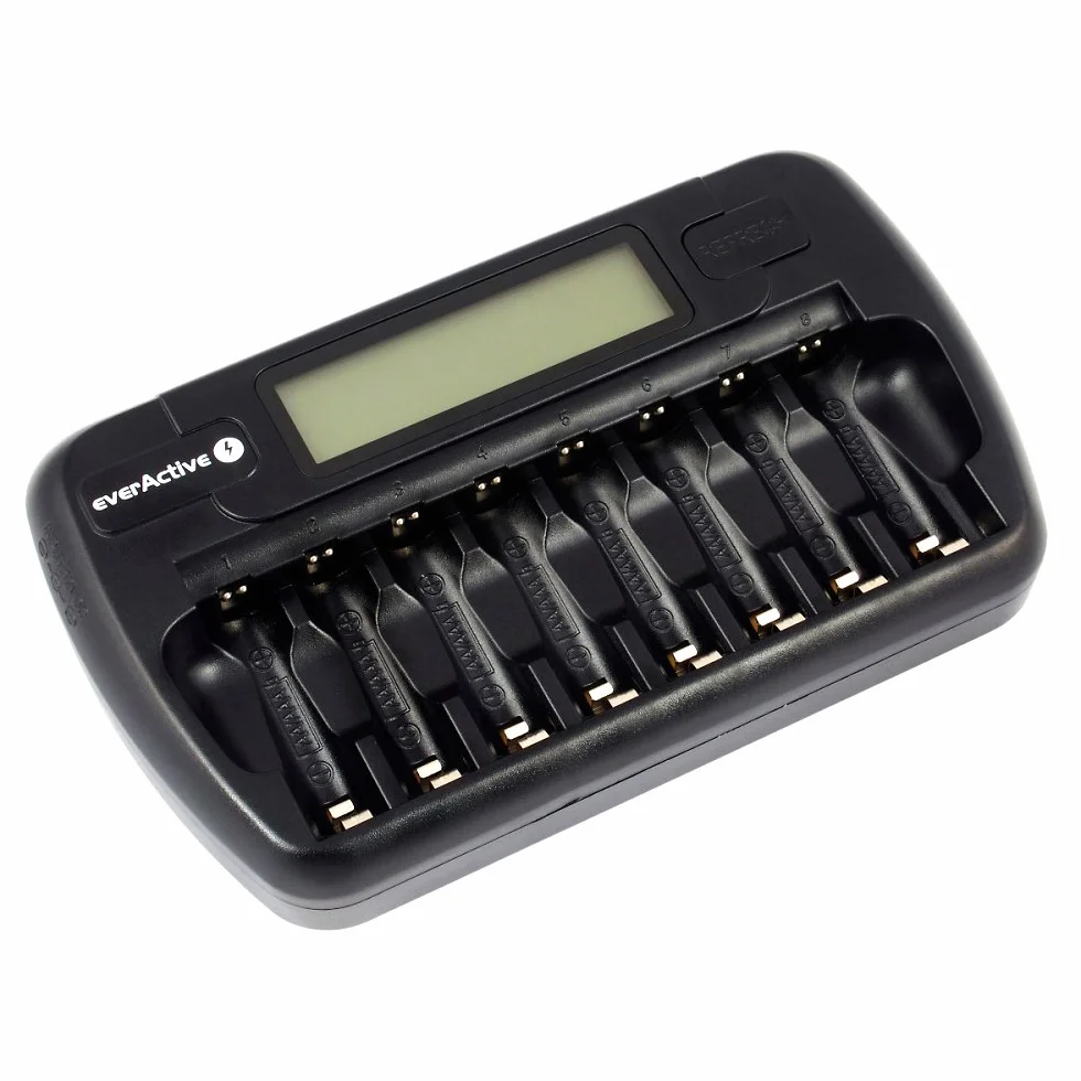 everActive Ładowarka do 8 akumulatorów AAA AA, szybkie ładowanie - 4 godziny zestaw akumulatorów, wyświetlacz LCD, tryb odświeżania, adapter samochodowy, model: NC-800