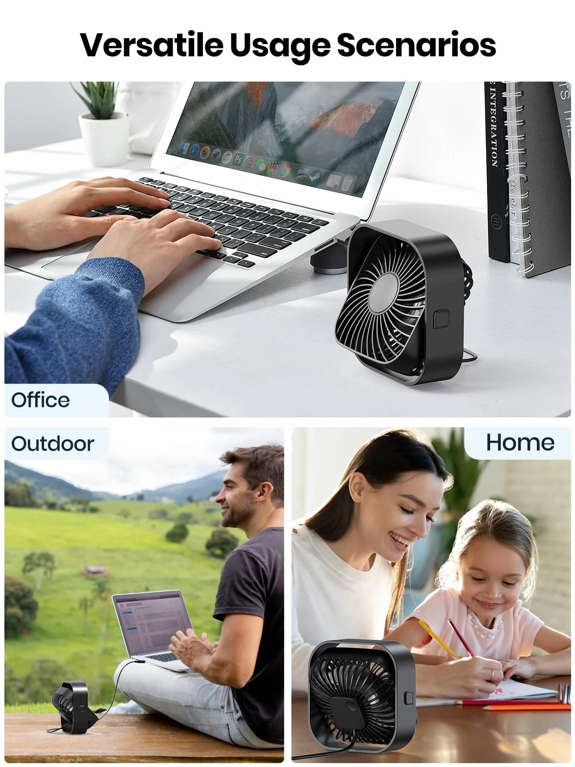 TOPK Wentylator biurkowy USB, [2 Sztuki] Silny przepływ powietrza i cicha praca, 3-biegowy wiatr, obracany o 360°, do domowego biura i biurka [Bez baterii,Zasilany przez USB]