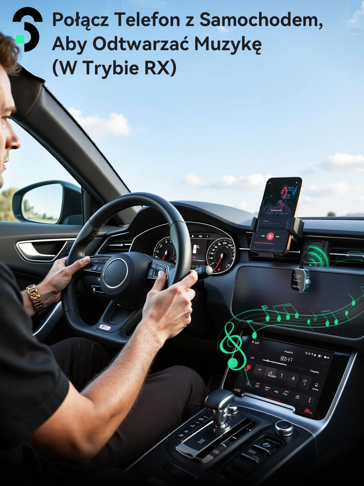 SOOMFON Odbiornik nadajnika Bluetooth 5.3 z gniazdem 3,5 mm z ekranem LCD, podwójne parowanie, adapter Bluetooth AUX 13H, bezprzewodowy nadajnik audio 2 w 1, do samolotu, telewizora, słuchawek