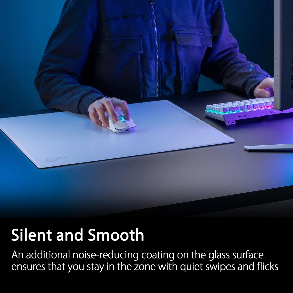 ASUS ROG Moonstone Ace L szklana podkładka pod mysz do gier, ultra gładka powierzchnia, konstrukcja redukująca hałas, szkło hartowane 9H, odporna na uderzenia i zarysowania, antypoślizgowa silikonowa