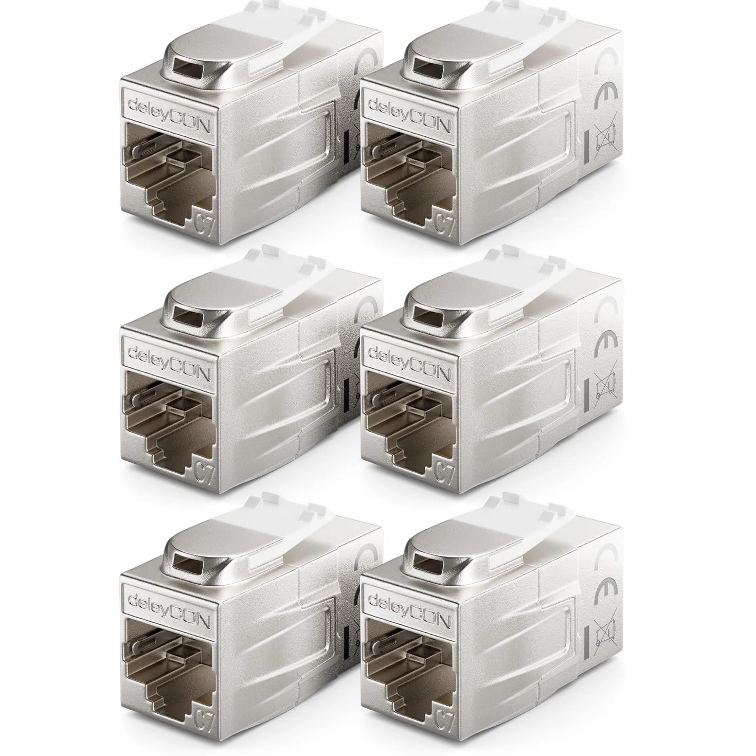 deleyCON 6 Sztuk CAT 7 Sprzęgło Keystone Metalowe 2x Gniazdo RJ45 Złącze do Kabla Krosowego RJ45 600 MHz 10 Gbps LAN DSL Ethernetowy i Użyteczny Jako Keystone - Srebrny