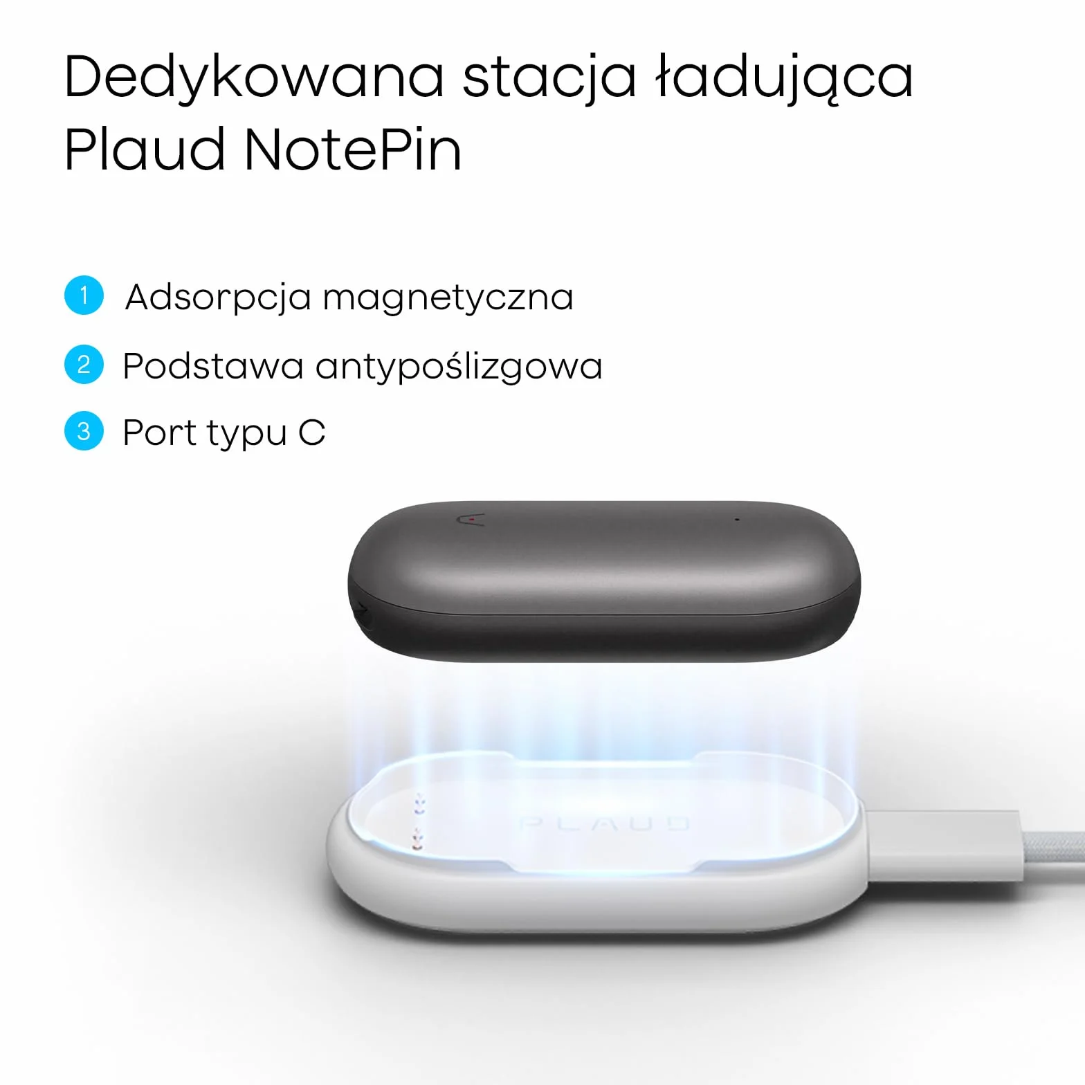 Plaud NotePin i NotePin S tacja Ładowania Magnetyczna z Antypoślizgową Podstawą i Kablem USB-C, Szybkie Ładowanie 2h, Akcesorium do Dyktafonu AI NotePin S