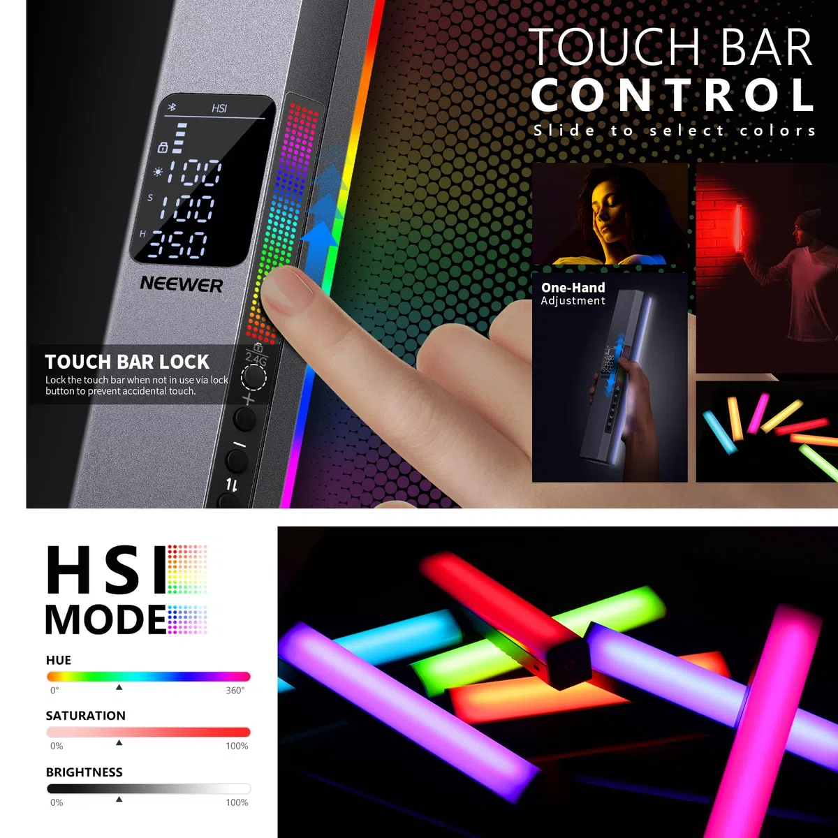 NEEWER RGB LED Video Light Stick Bar Touch Bar i sterowanie aplikacją, magnetyczna różdżka do oświetlenia, możliwość ściemniania 3200K ~ 5600K CRI98+ kolorowe światło LED z baterią 6400mAh, 17 scen