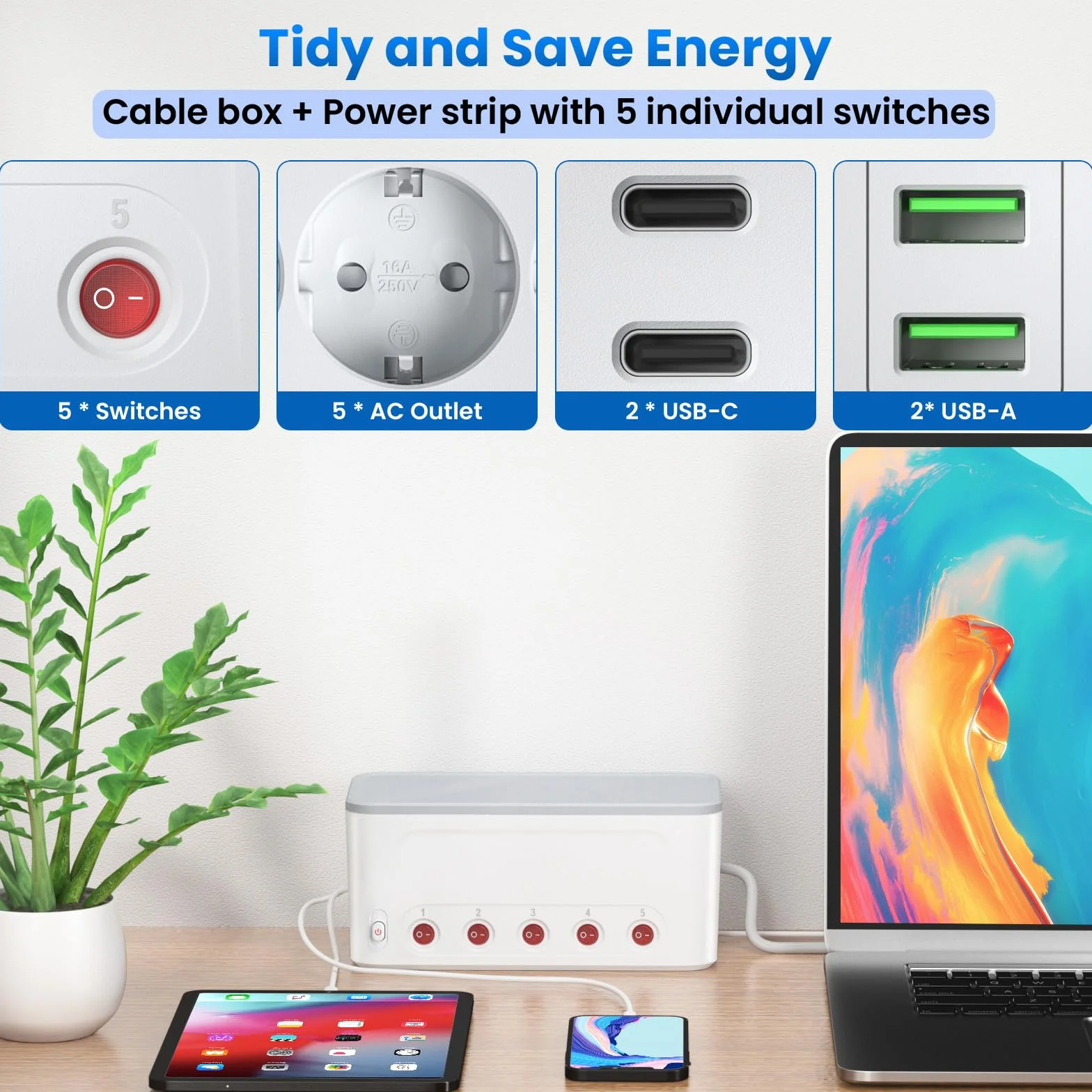 Listwa Zasilająca z Skrzynka Kablowa, Skrzynka na Kable Wielokrotne Gniazdo USB C, Duża Zarządzanie Kablami na Biurku, Listwa 5 Gniazda z Niezależnym Przełącznikiem, Przedłużacz 1,5 m, Biały
