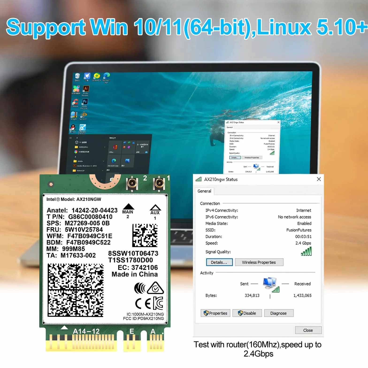 Podazz AX210NGW karta WiFi, bezprzewodowa karta Wi-Fi 6E rozszerzenie do 6GHz MU-MIMO Tri-Band Bluetooth 5.2 do laptopa, obsługuje Bluetooth 5.2 | MU-MIMO | Windows 10/11 (64-bitowy) Linux, M.2/NGFF